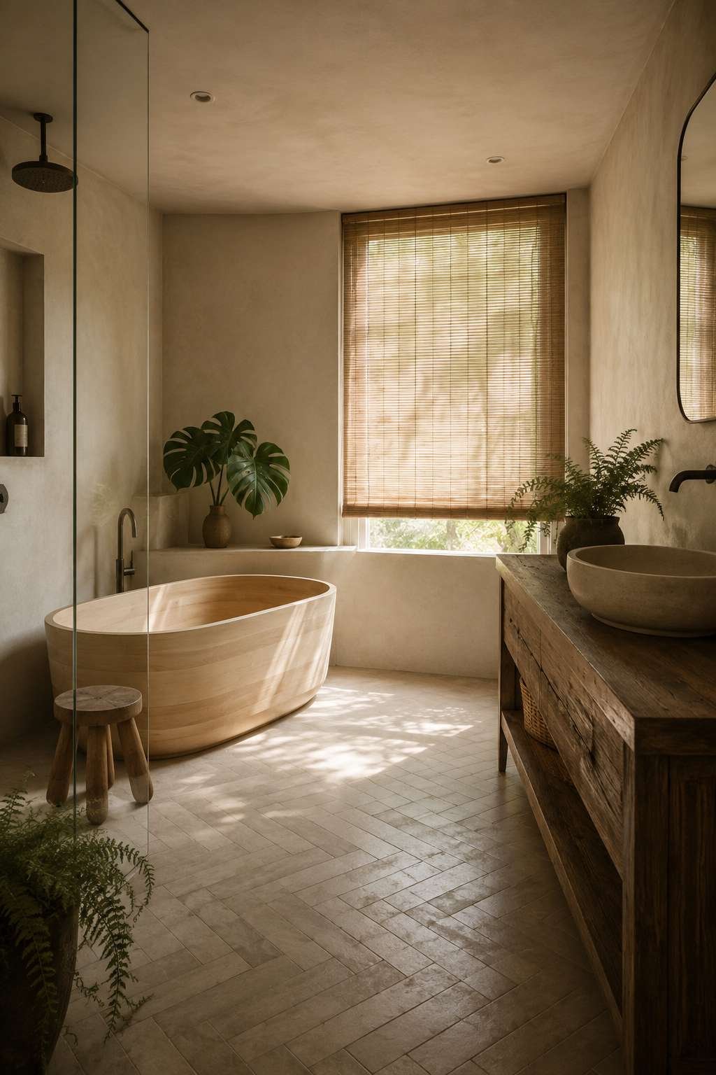 Wabi-Sabi Serenity: Japandi Ensuite with Hinoki Wood and Lime Plaster