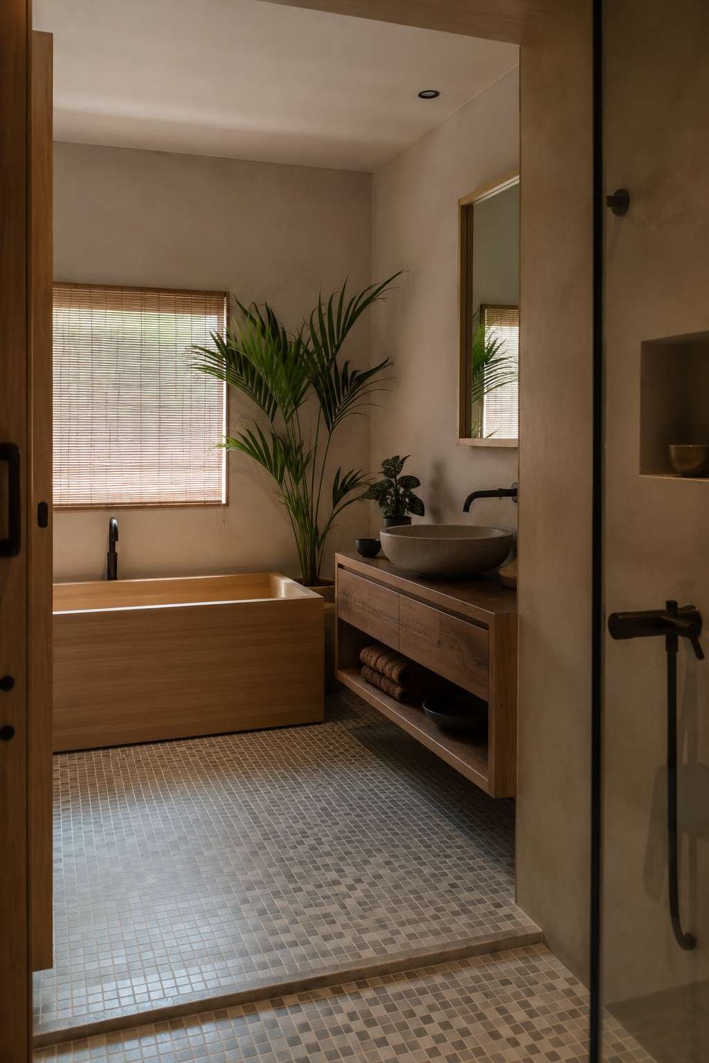 Wabi-Sabi Serenity: Japandi Ensuite with Hinoki Wood and Lime Plaster