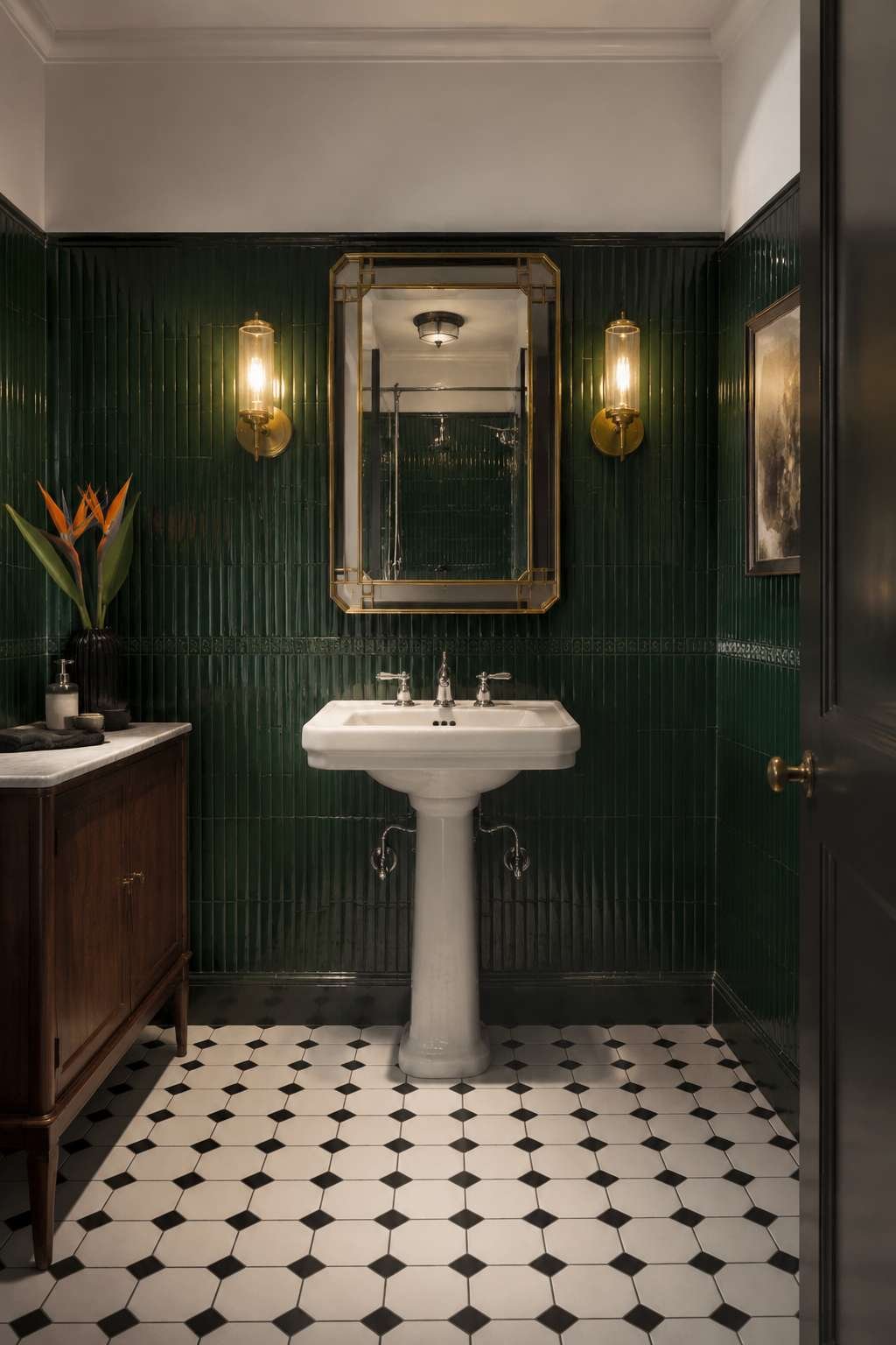 Art Deco Revival: Emerald Green Fluted Panels and Geometric Mosaic