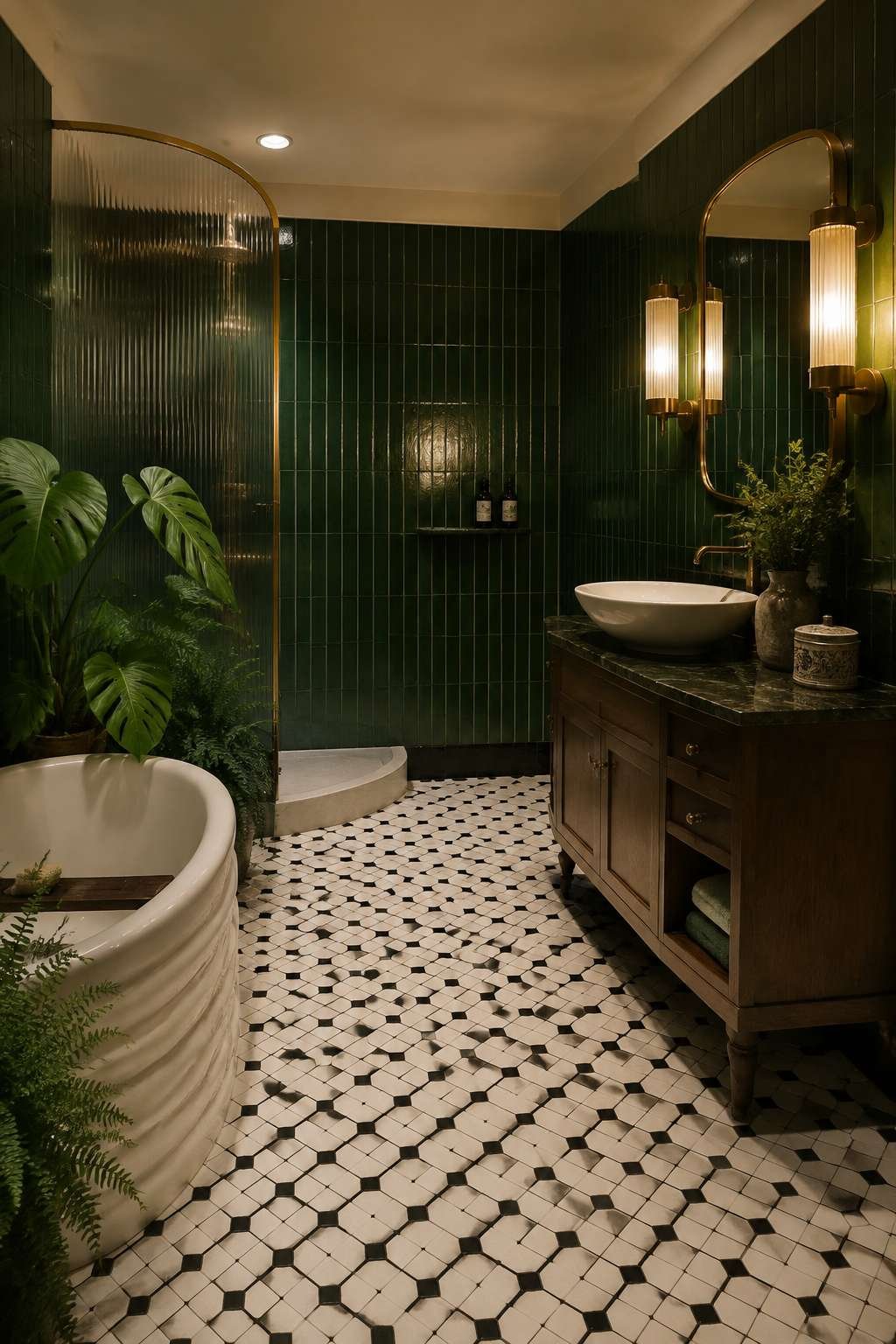 Art Deco Revival: Emerald Green Fluted Panels and Geometric Mosaic