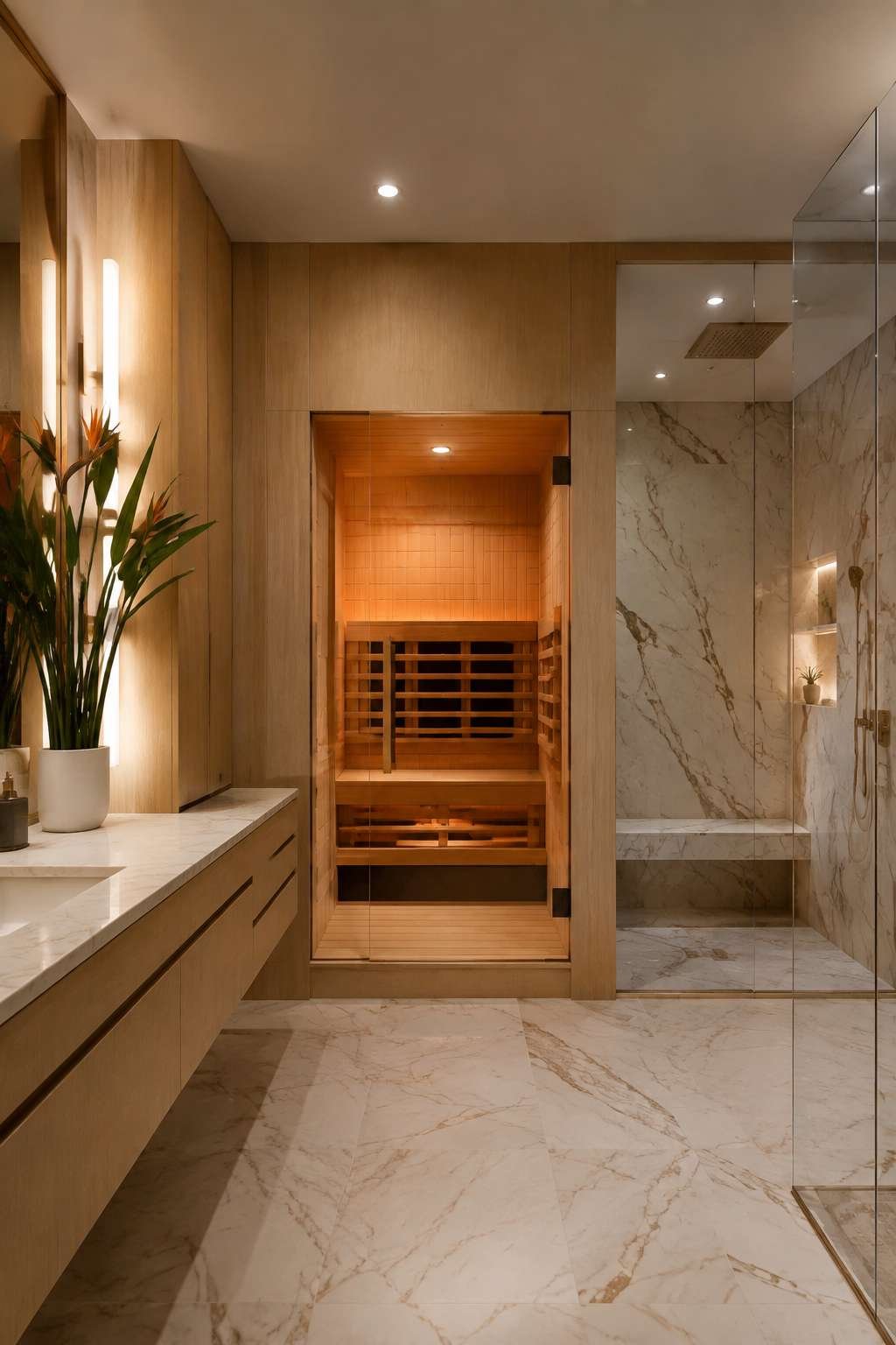 Spa Sanctuary: Infrared Sauna Alcove and Walk-In Shower with Bench