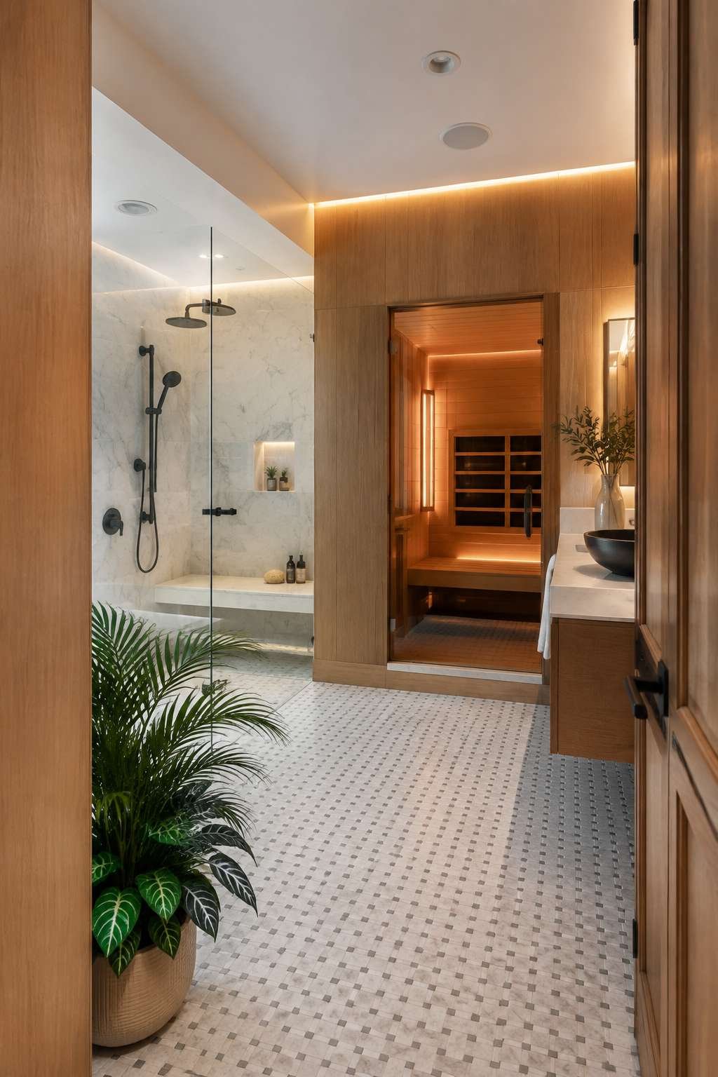 Spa Sanctuary: Infrared Sauna Alcove and Walk-In Shower with Bench