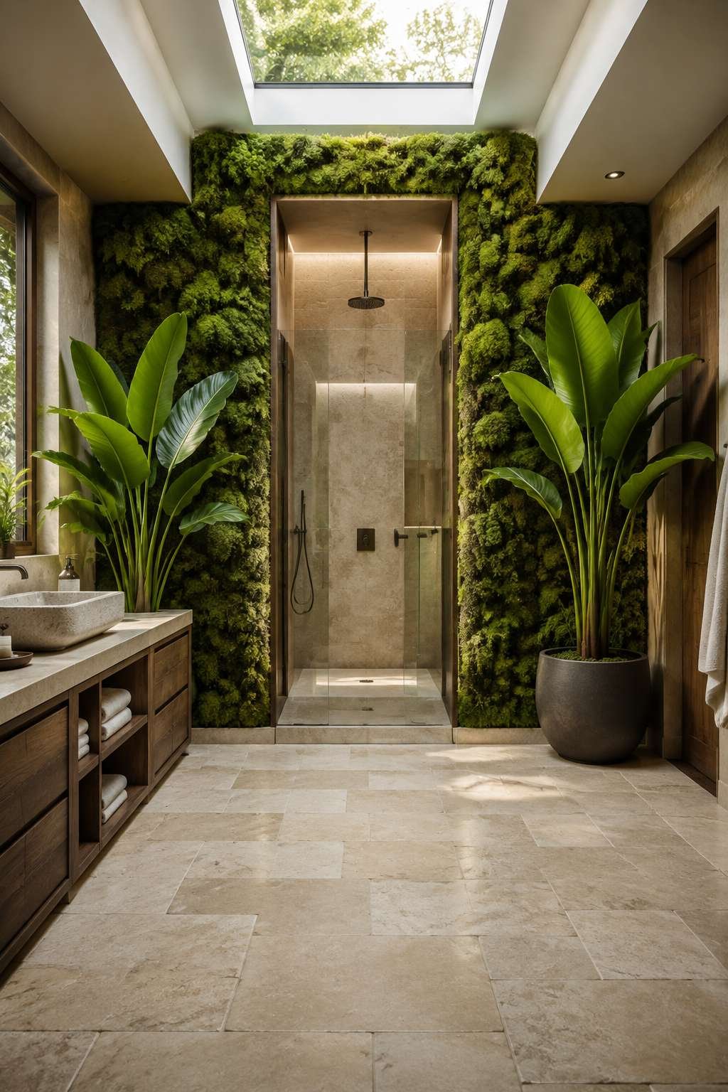 Living Green: A Biophilic Ensuite with Moss Wall and Skylight