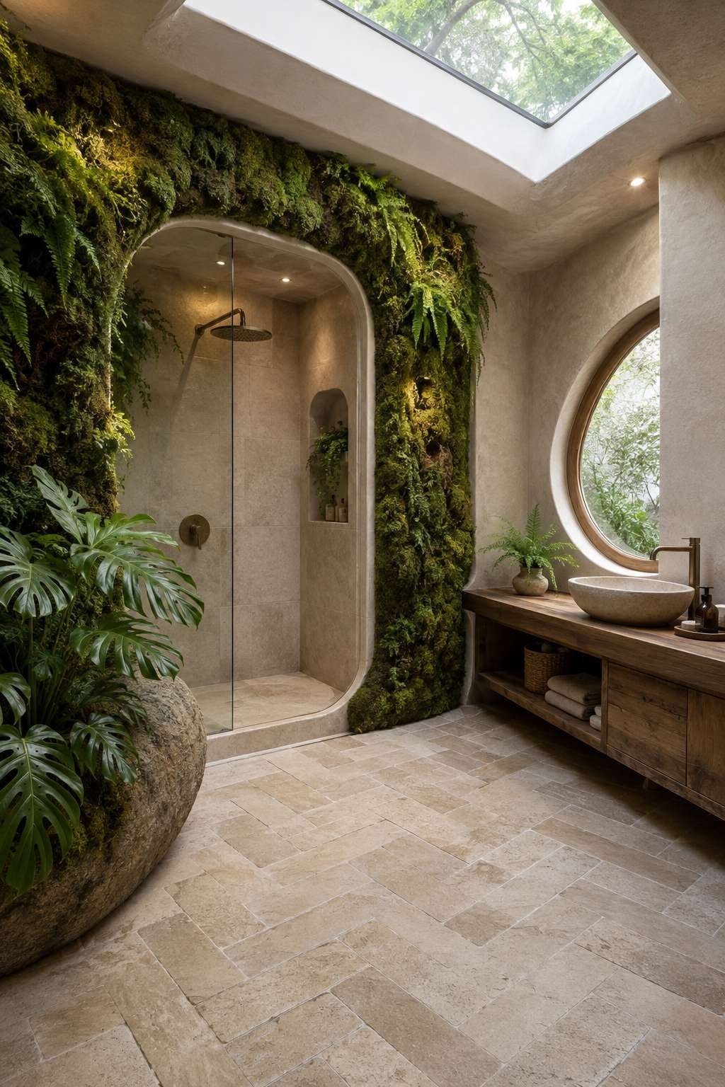 Living Green: A Biophilic Ensuite with Moss Wall and Skylight