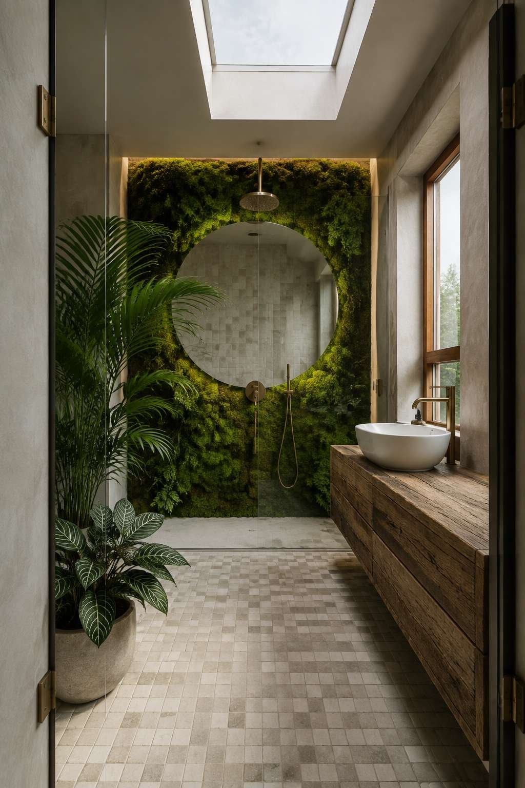 Living Green: A Biophilic Ensuite with Moss Wall and Skylight