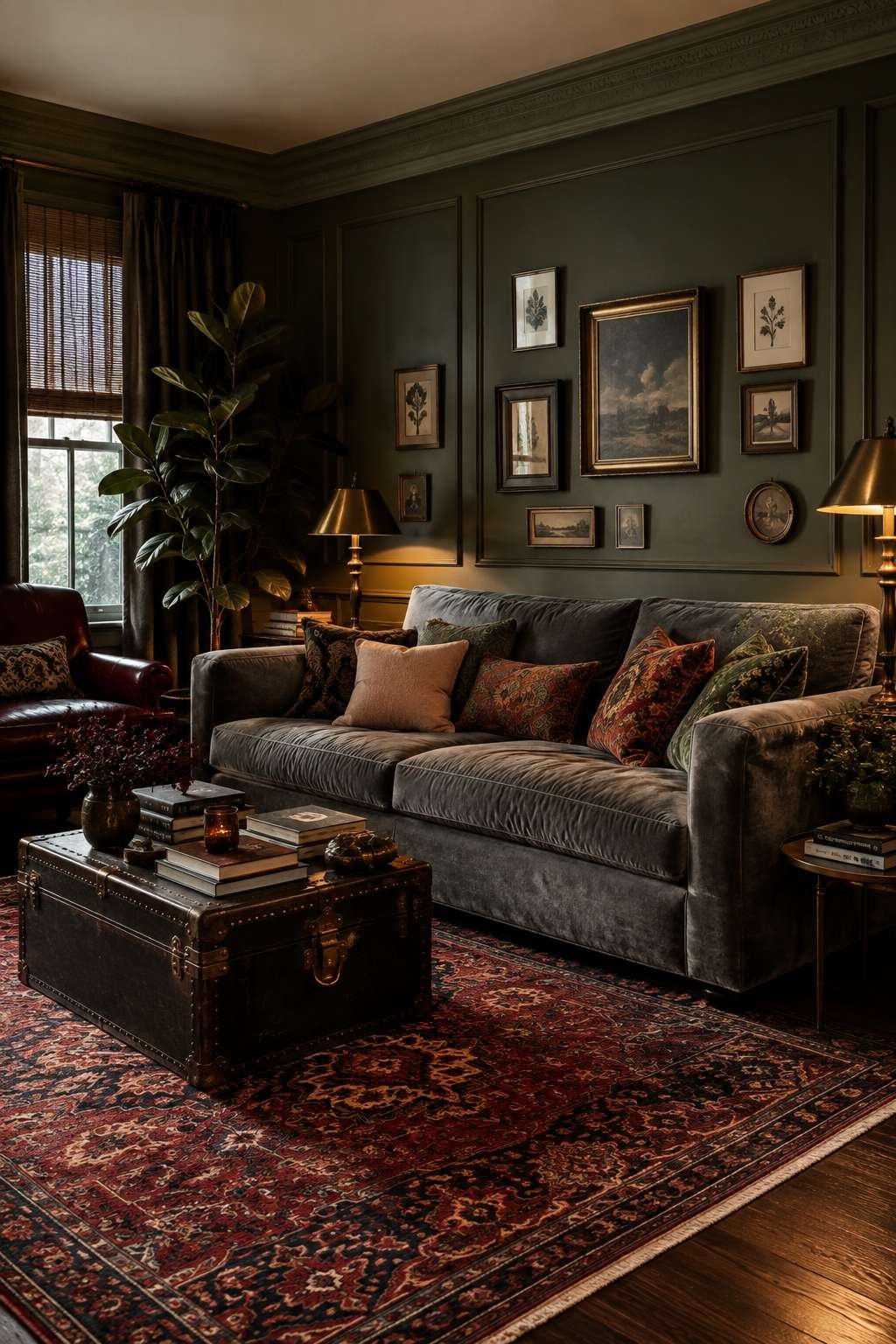 Moody Eclectic Drama: Olive Walls, Velvet, and Intellectual Warmth