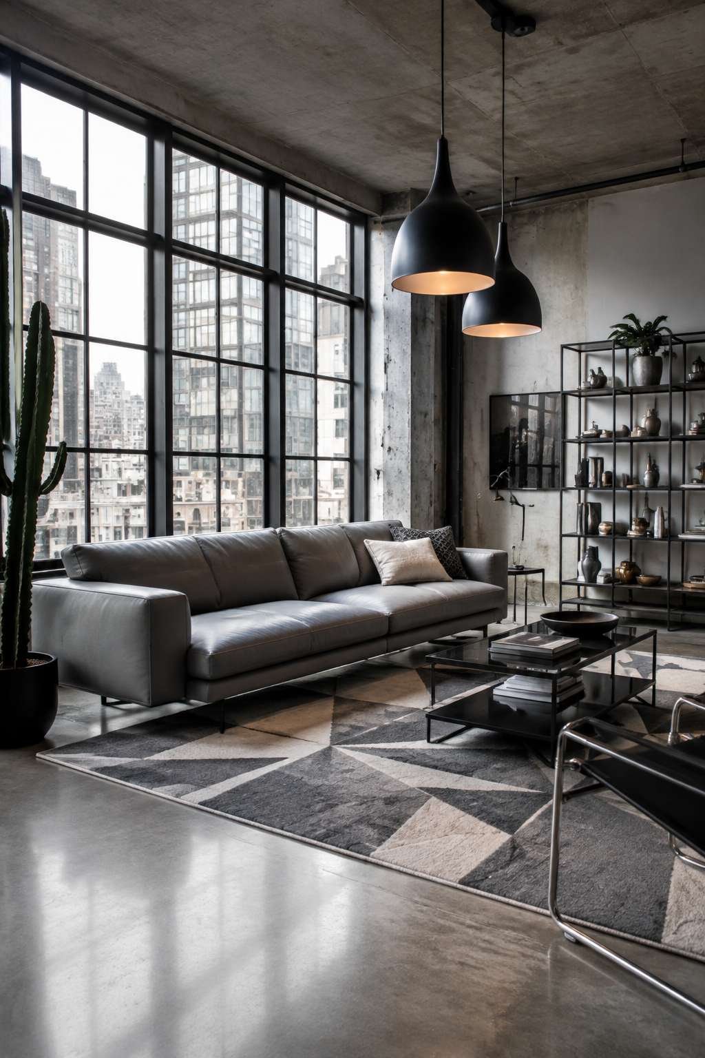 Urban Loft Sophistication: Leather, Concrete, and City Light