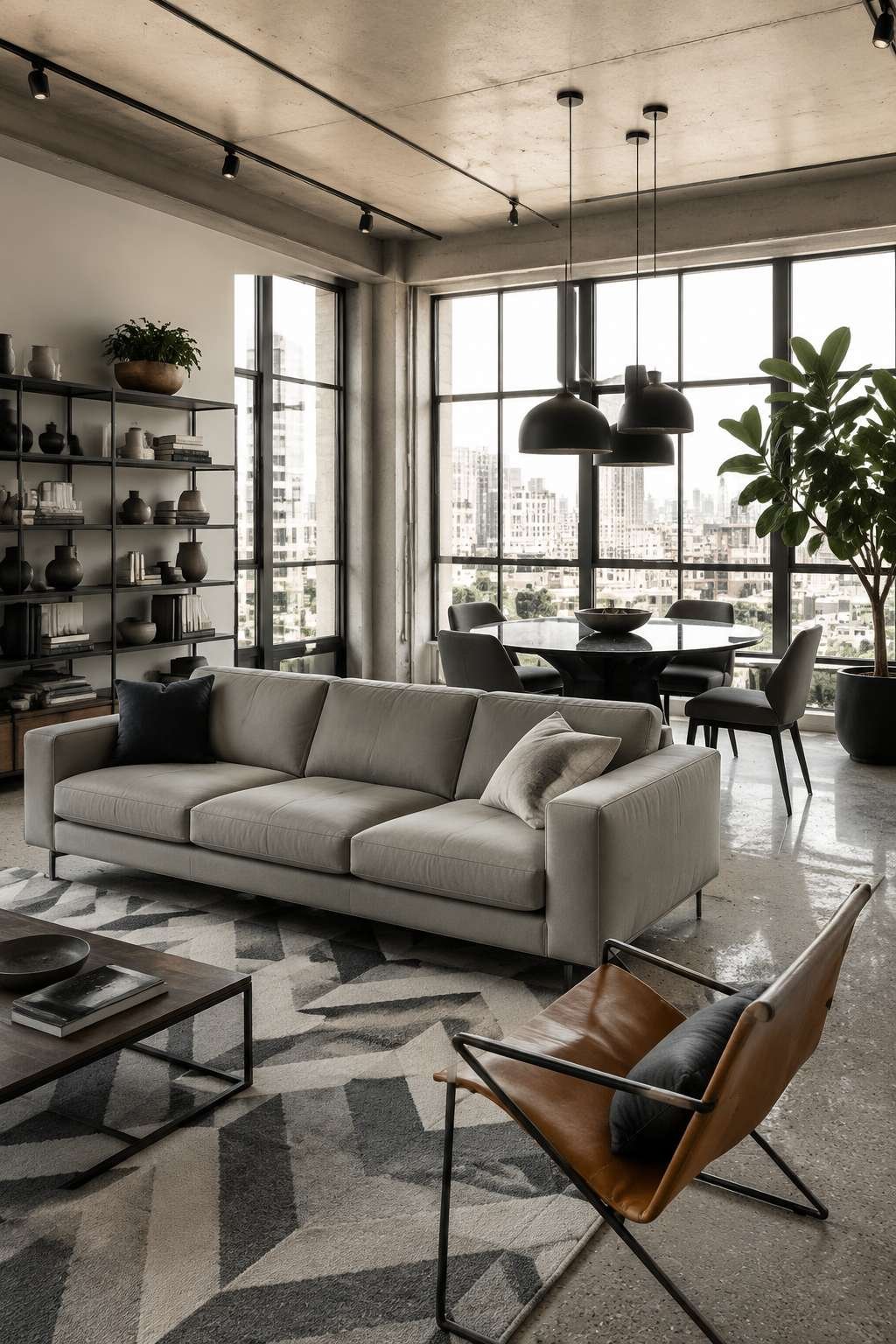 Urban Loft Sophistication: Leather, Concrete, and City Light
