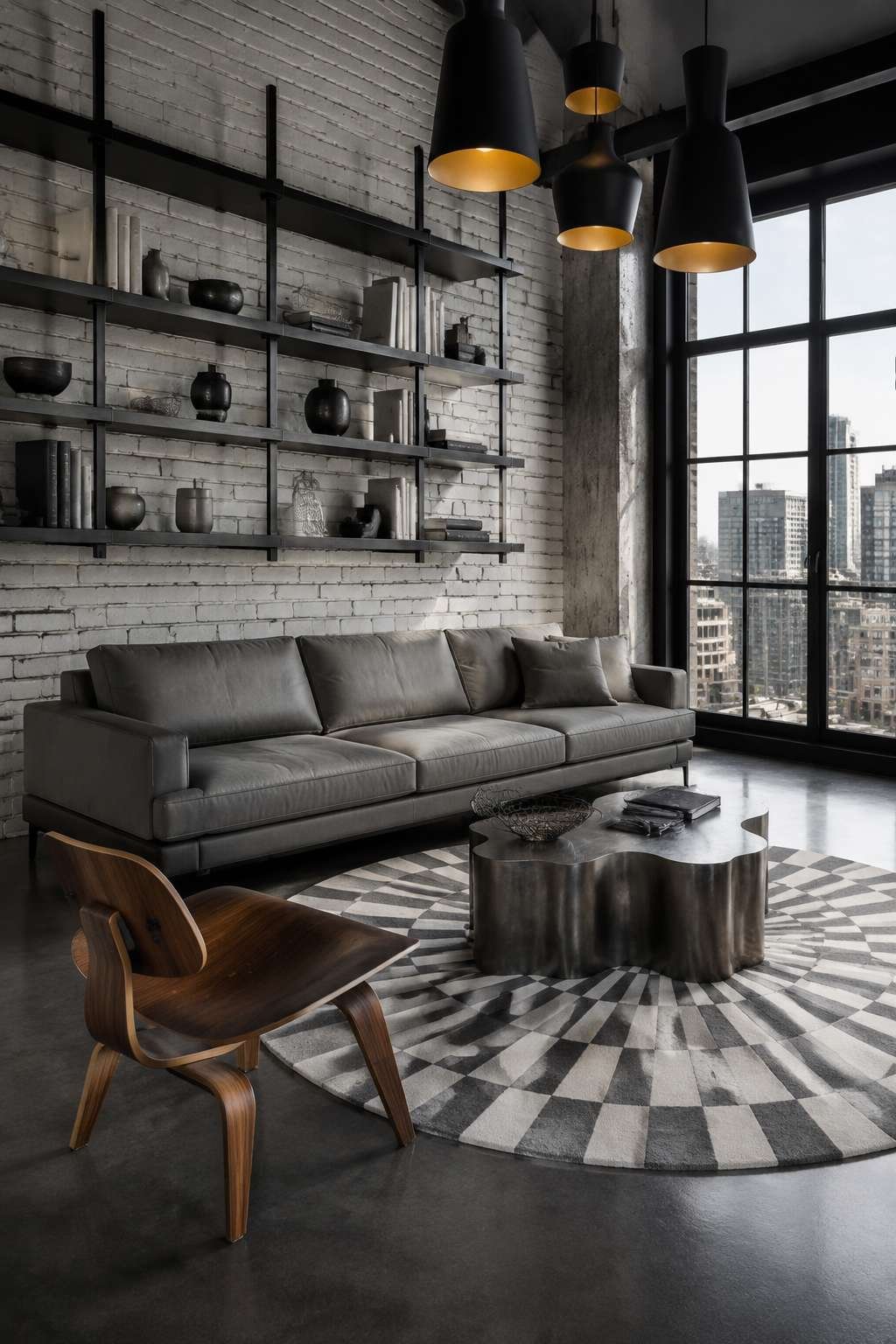 Urban Loft Sophistication: Leather, Concrete, and City Light