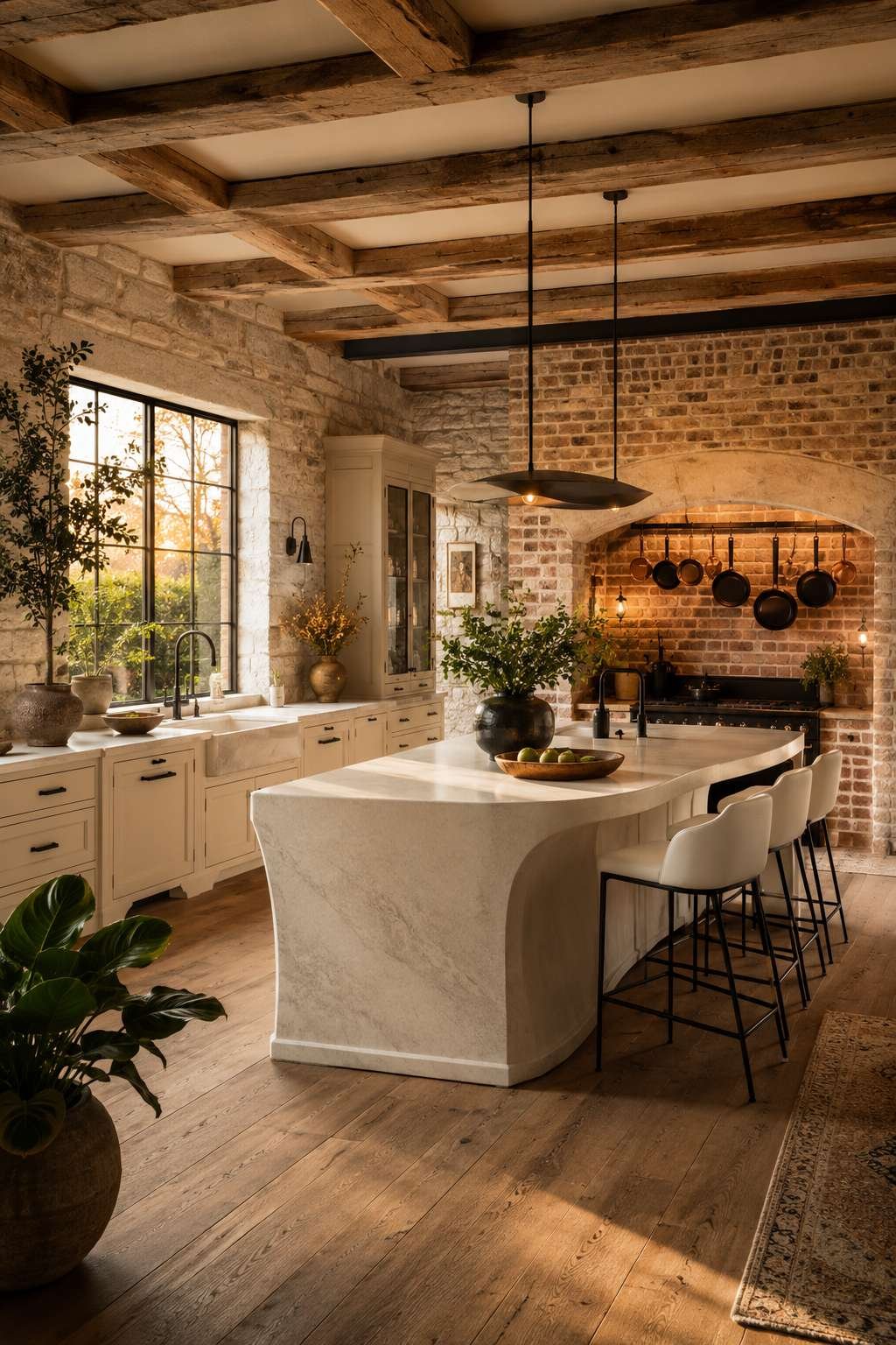The Freestanding Island with Vintage Stools: Rustic Gathering at Its Best