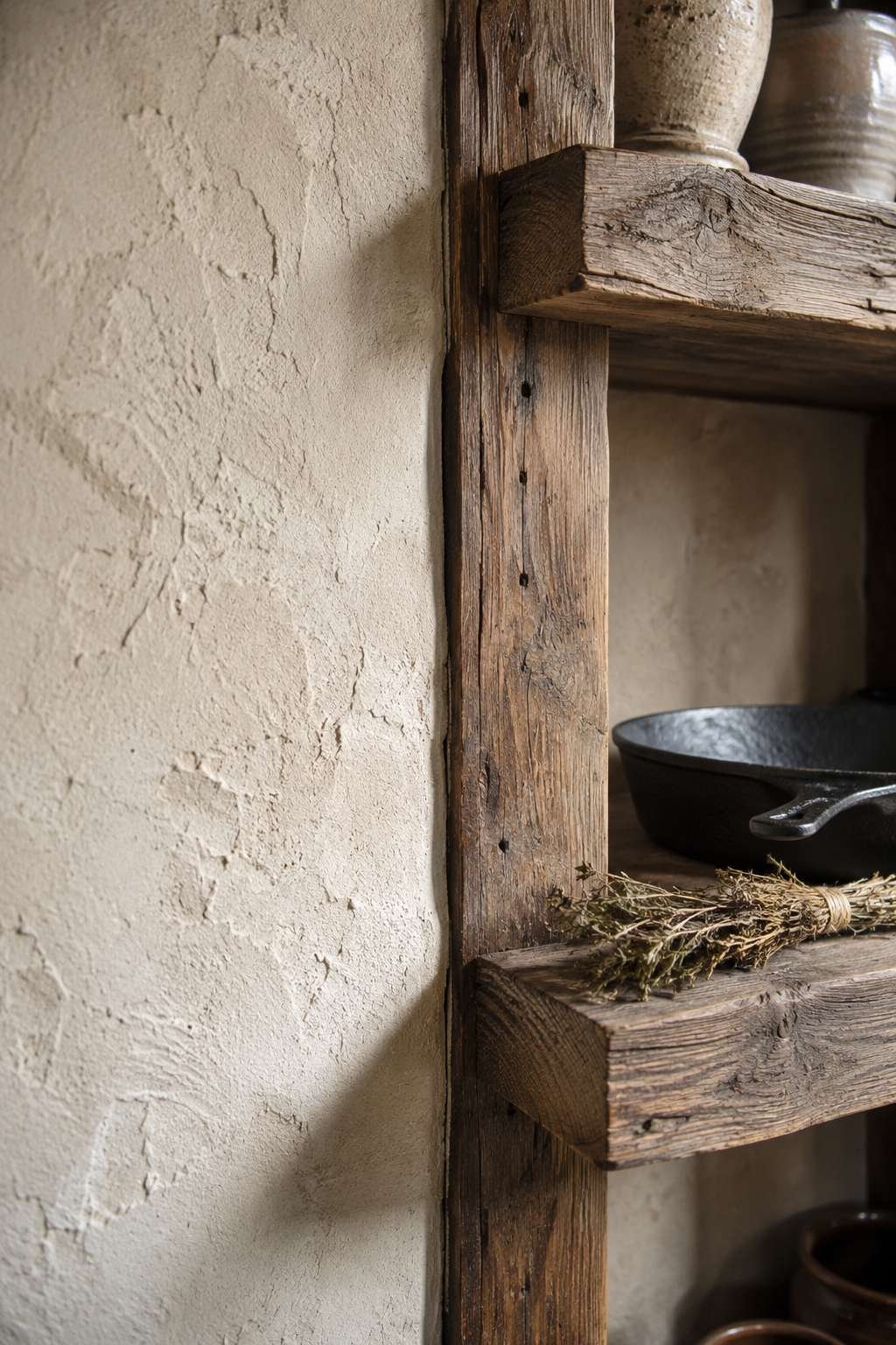 Whitewashed Brick and Dark Walnut Shelves: Refined Rustic Drama