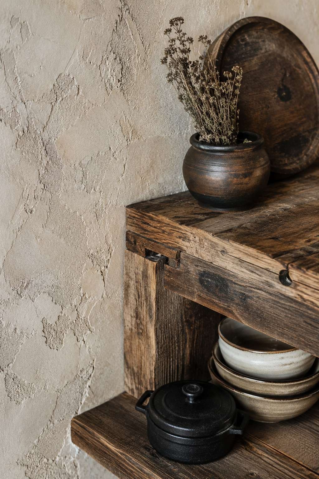Whitewashed Brick and Dark Walnut Shelves: Refined Rustic Drama