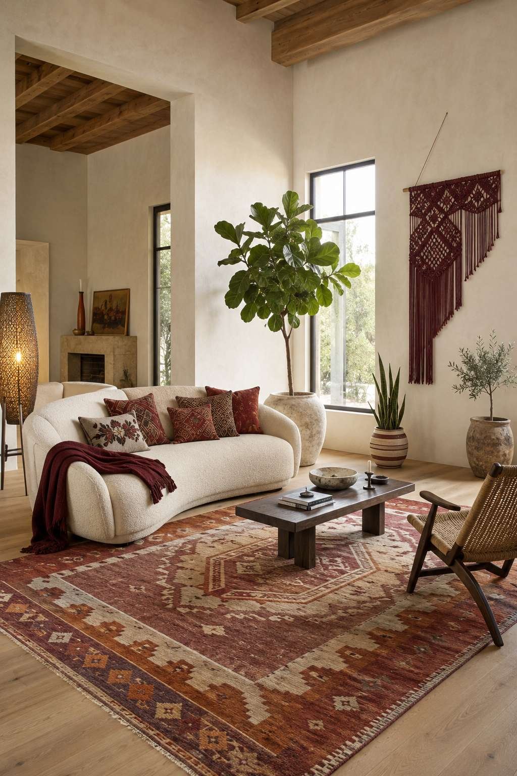 Bohemian Layers: Macrame, Kilim, and Rattan in Warm Burgundy Tones