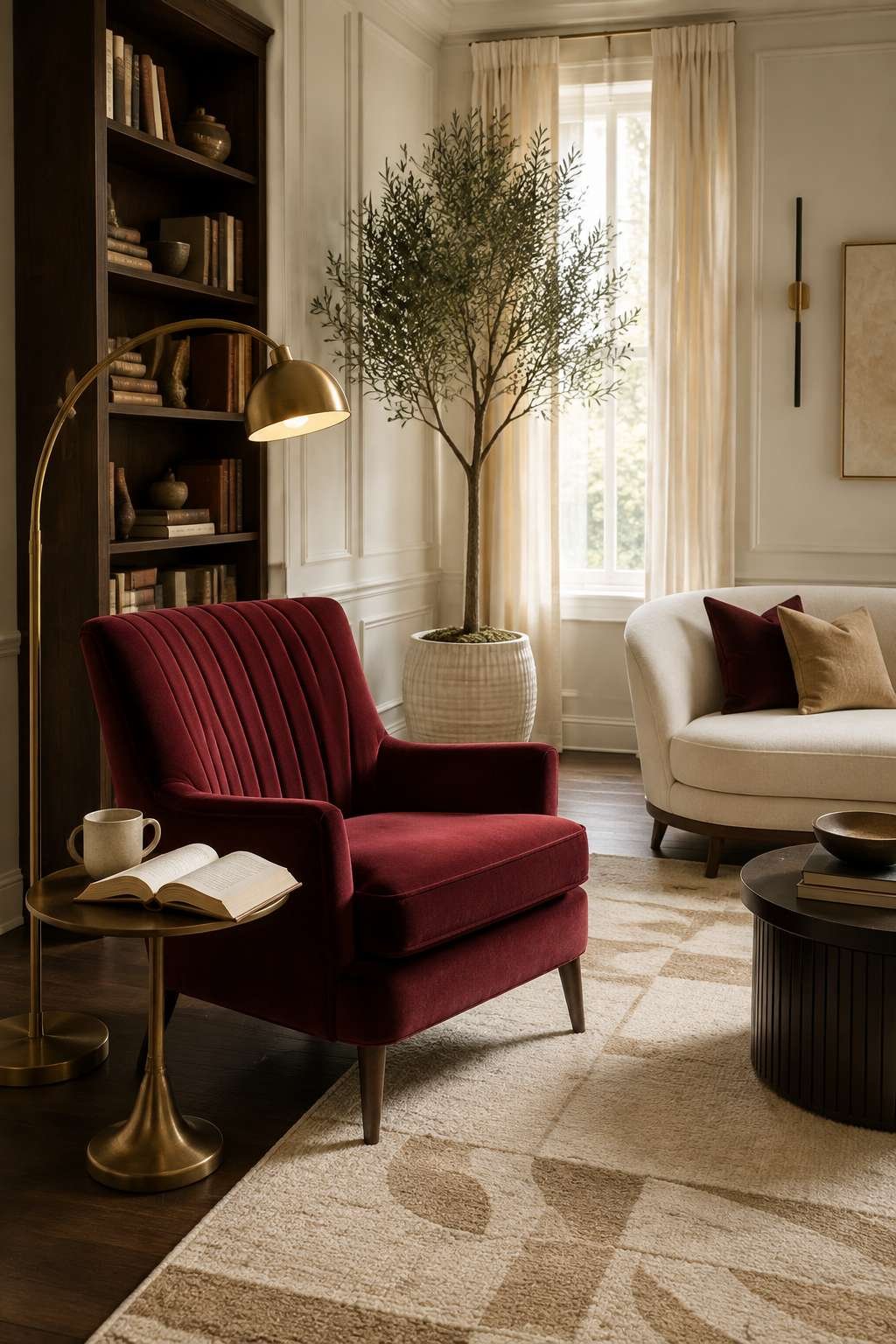 The Reading Nook: Burgundy Velvet Armchair with Brass Arc Lamp