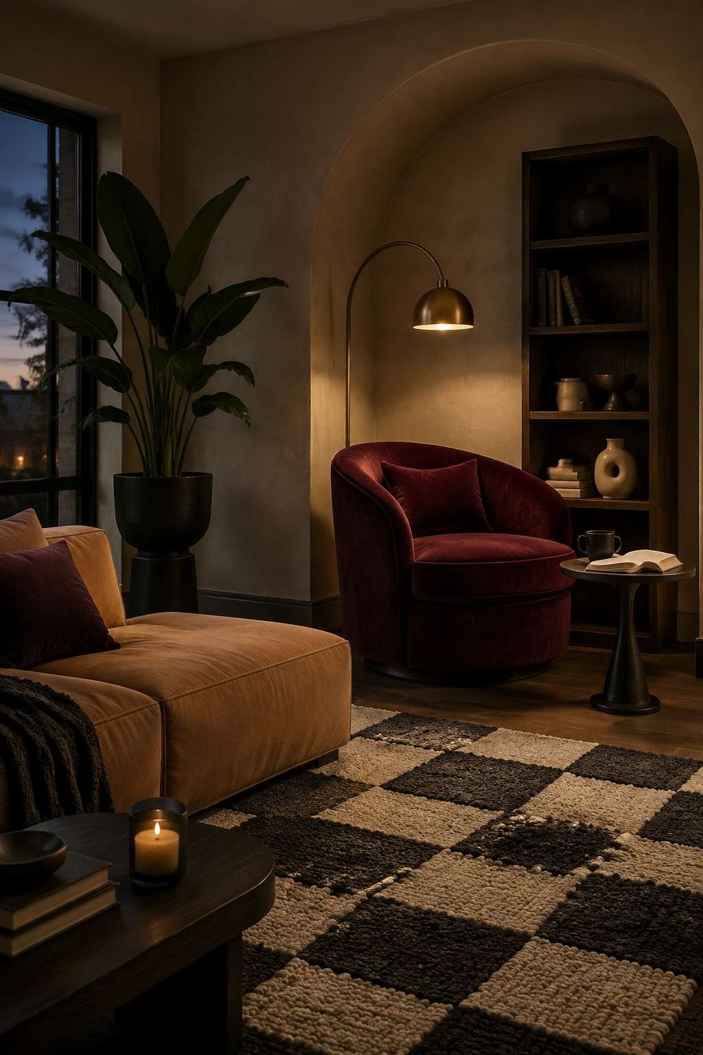 The Reading Nook: Burgundy Velvet Armchair with Brass Arc Lamp