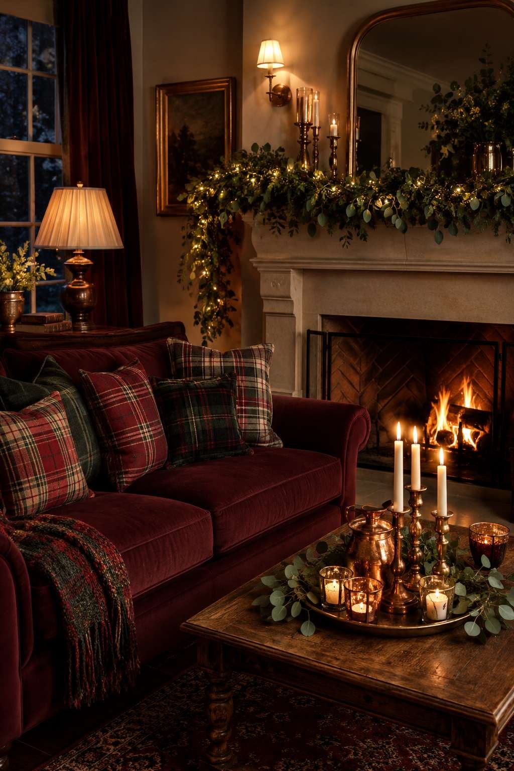 Holiday Warmth: Burgundy Sofa with Festive Greenery and Firelight