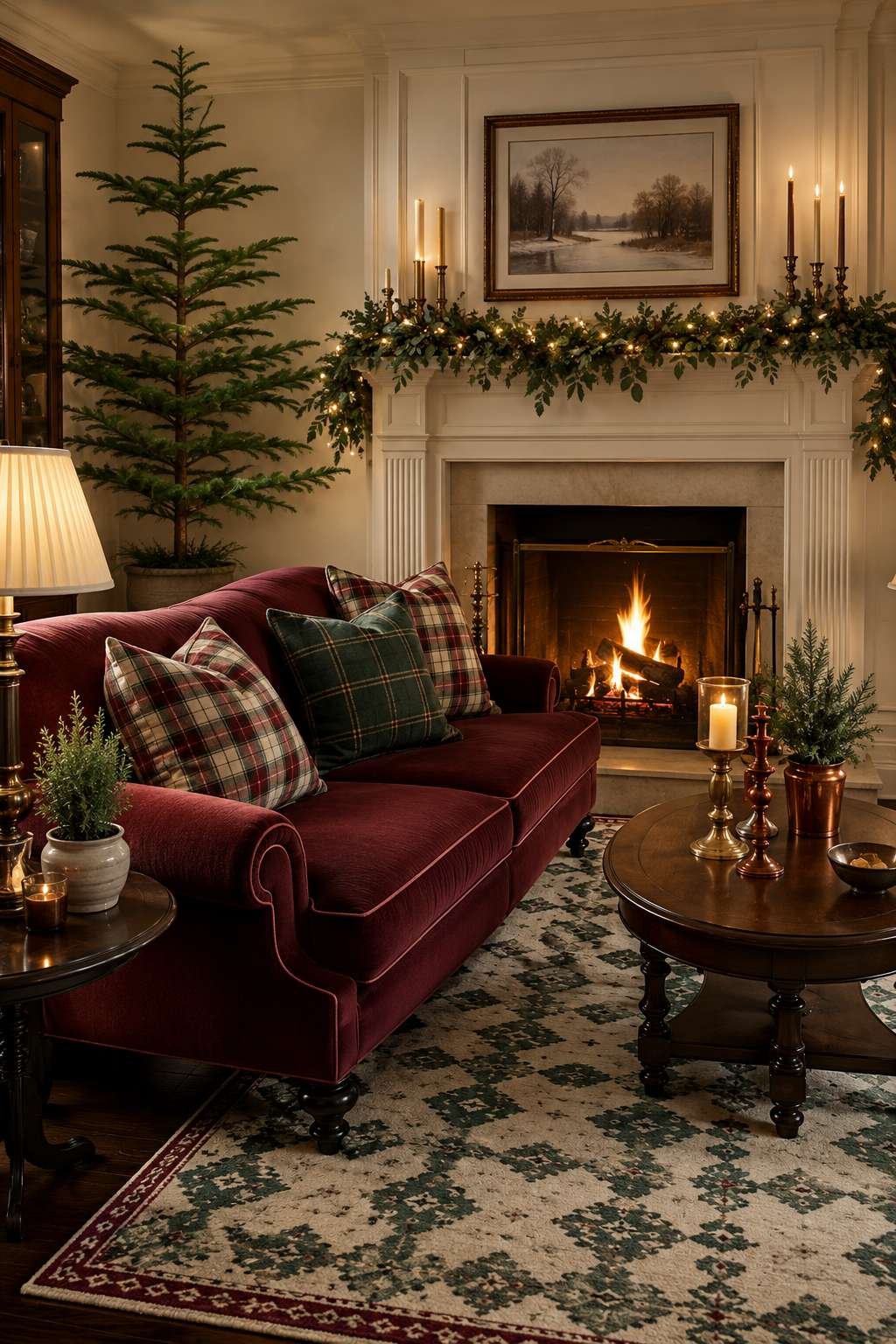 Holiday Warmth: Burgundy Sofa with Festive Greenery and Firelight