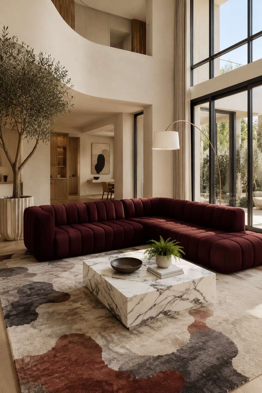 Contemporary Luxury: Modular Burgundy Sectional with Marble and Plaster