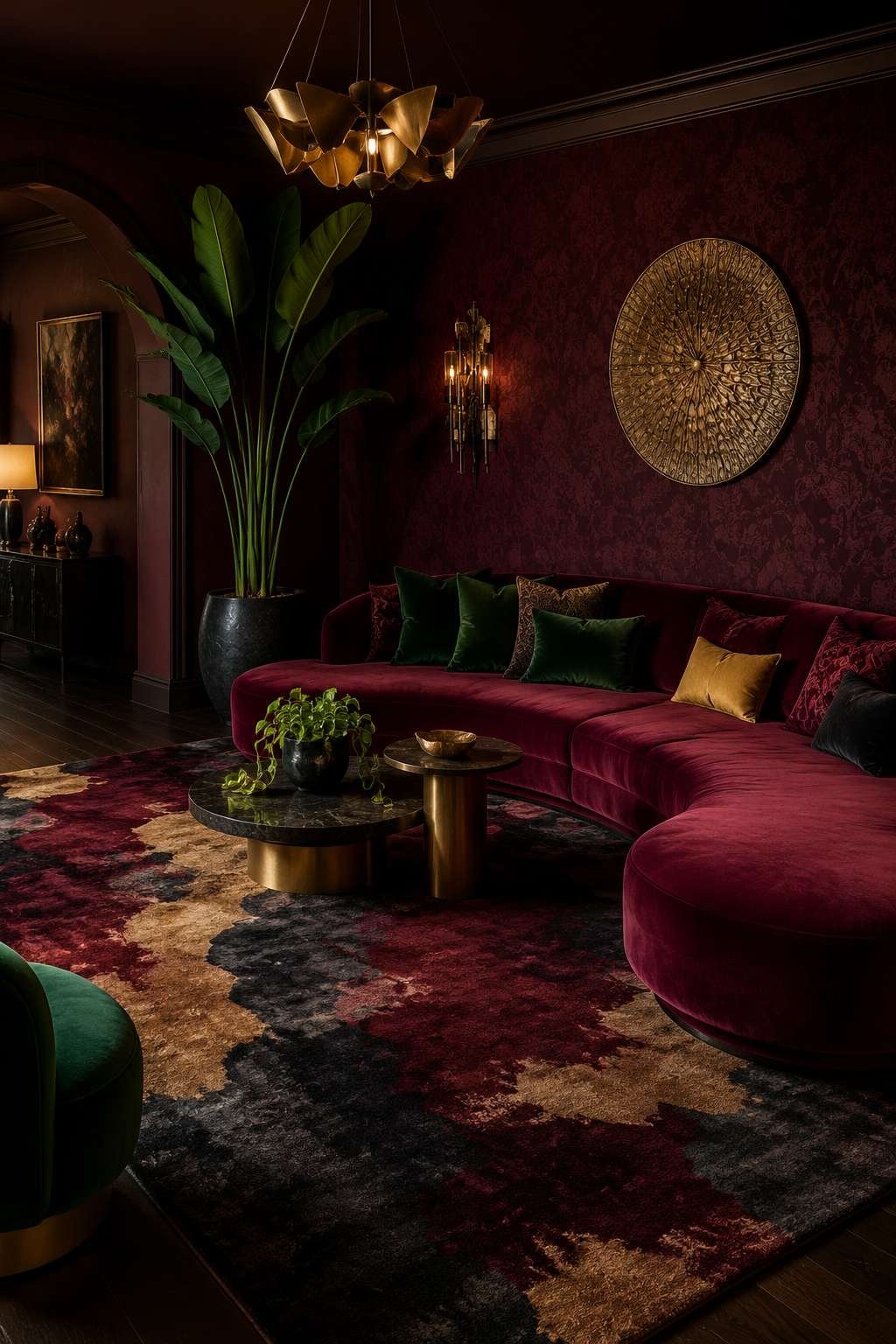 Maximalist Jewel Box: Burgundy Wallpaper, Velvet, and Emerald Accents