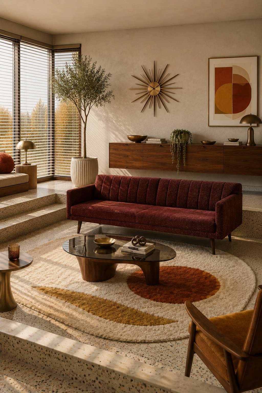 Mid-Century Modern: Burgundy Tweed with Walnut and Sunburst Details