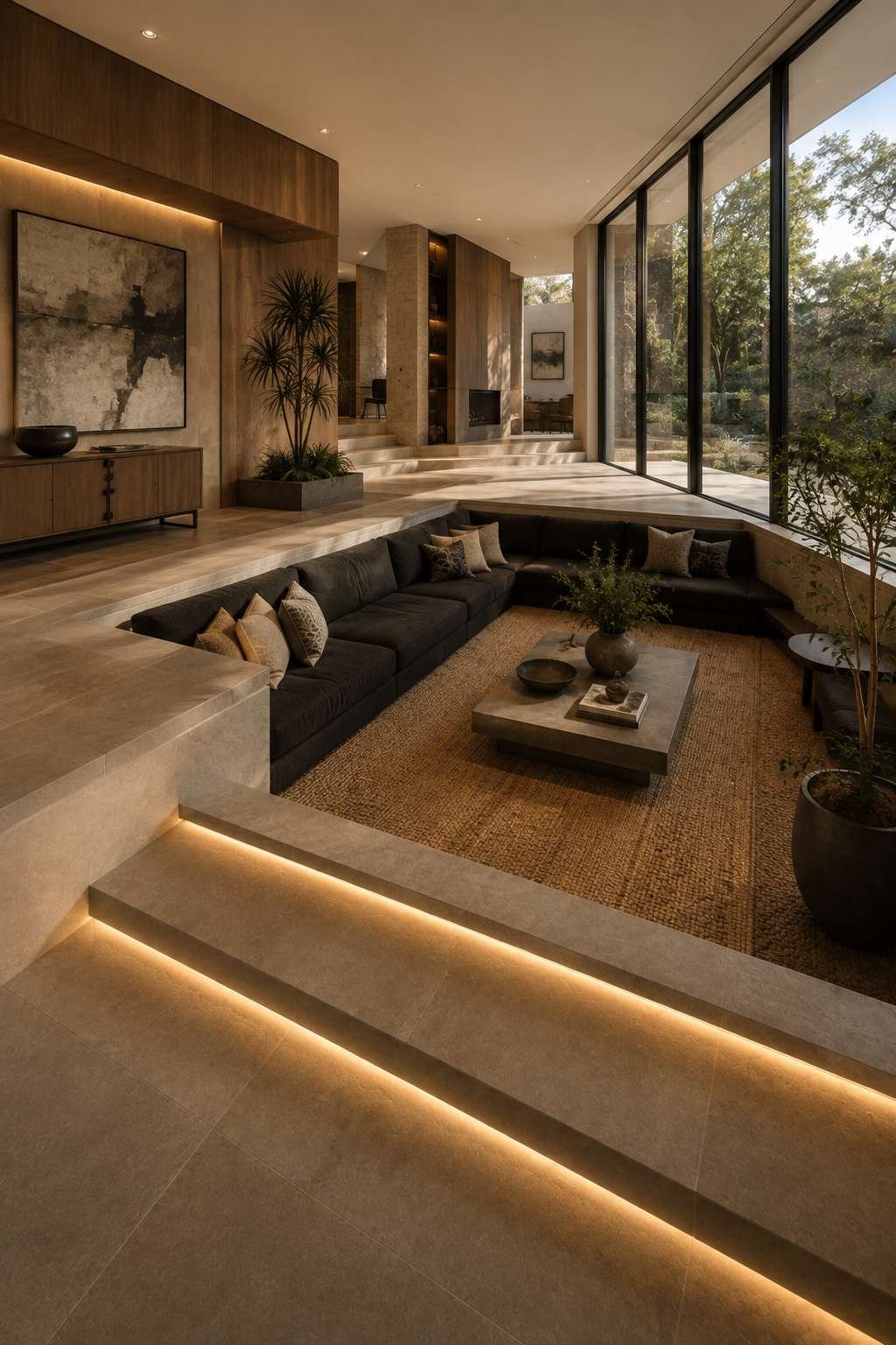 The Limestone Conversation Pit: Dramatic Depth in a Contemporary Interior