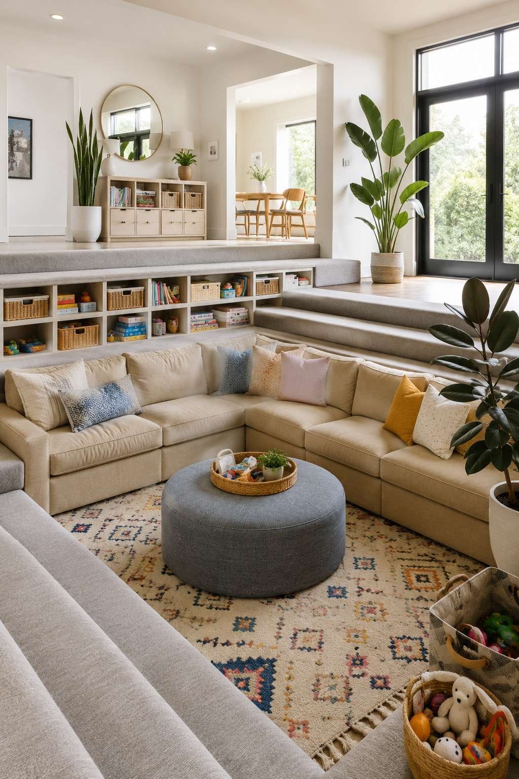 Upholstered Steps and Built-In Storage: The Family-Proof Sunken Lounge