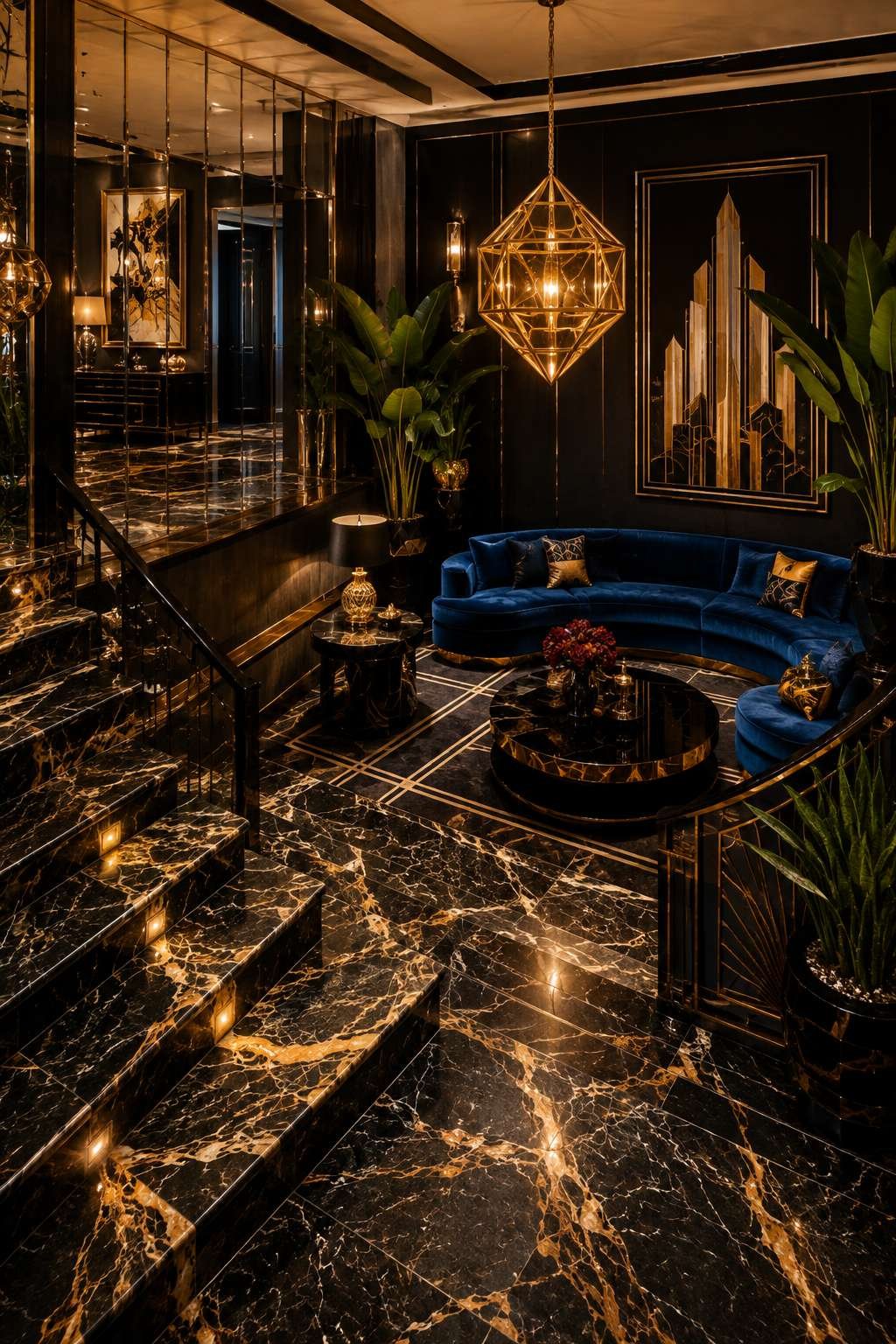 Black and Gold Marble and Sapphire Velvet: Art Deco Glamour
