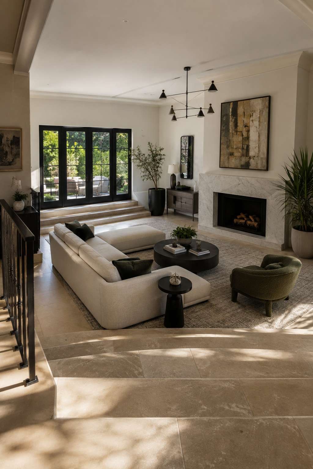 Sandstone Steps and Chesterfield Sofa: Transitional Style Bridges Old and New