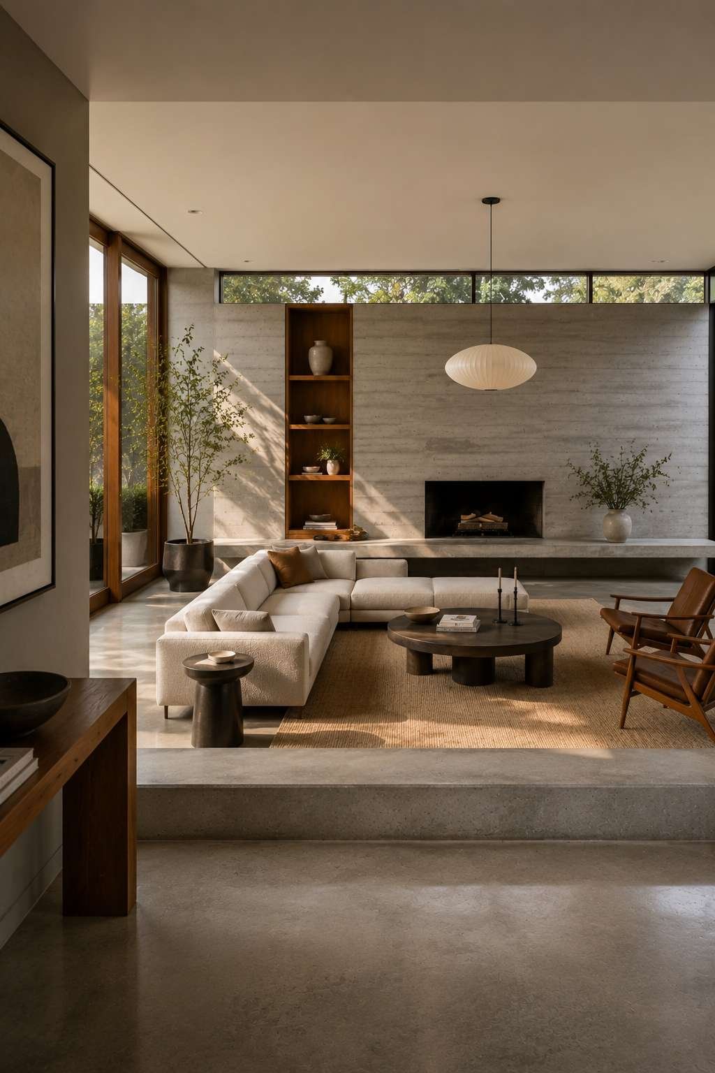 Polished Concrete and Cognac Leather: The Contemporary Step Down Lounge