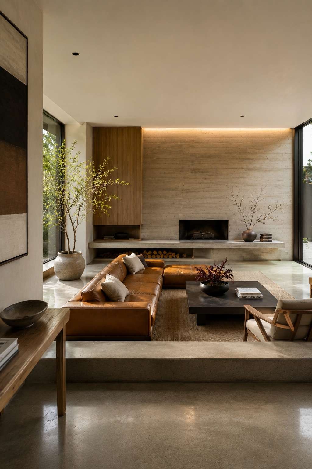 Polished Concrete and Cognac Leather: The Contemporary Step Down Lounge
