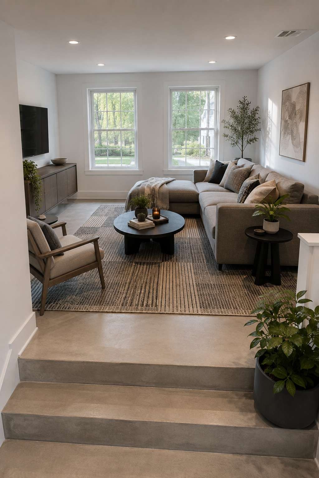 Freshly Poured Concrete and Practical Grey Sectional: The Attainable Step Down Living Room