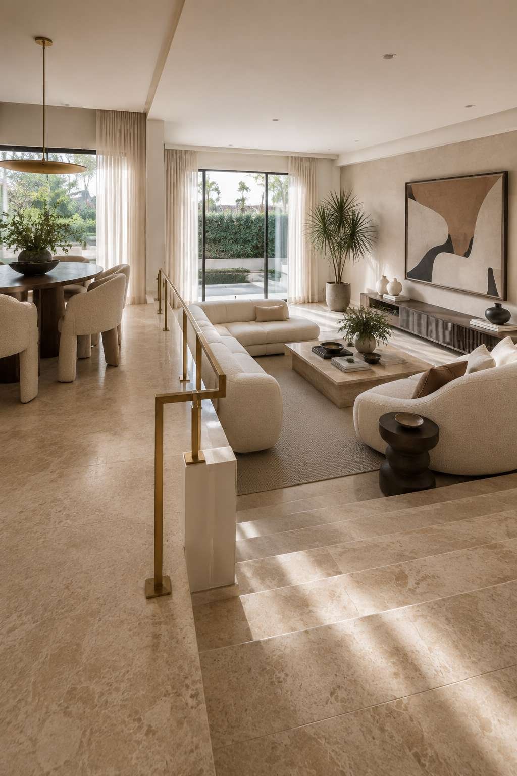 Marble Steps and Bouclé Sofas: Open-Plan Family Living Elevated