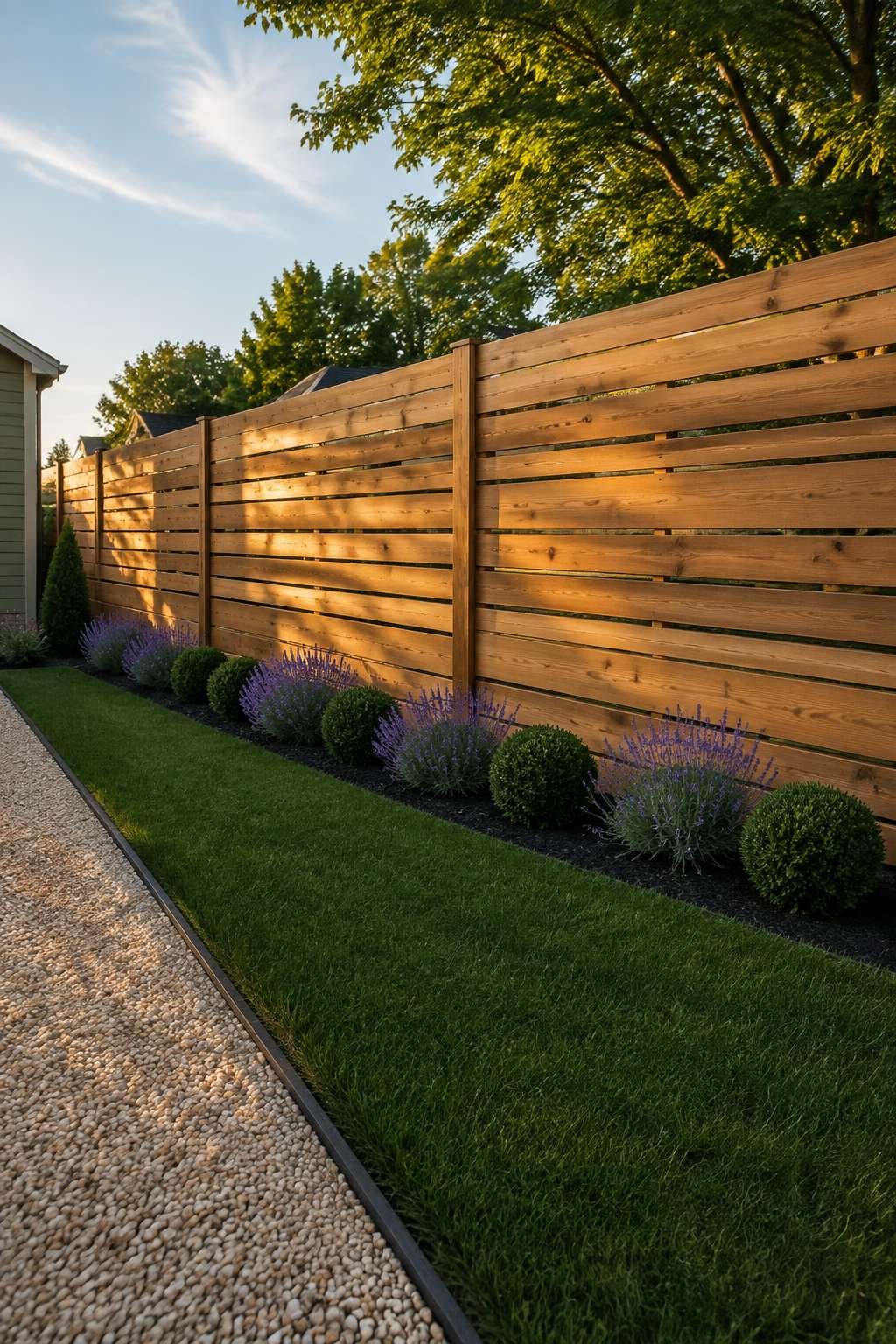 Horizontal Cedar Plank Fence with Rhythmic Board Spacing