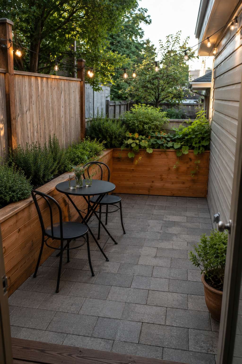 Cozy Bistro Patio with String Lights and Raised Planters