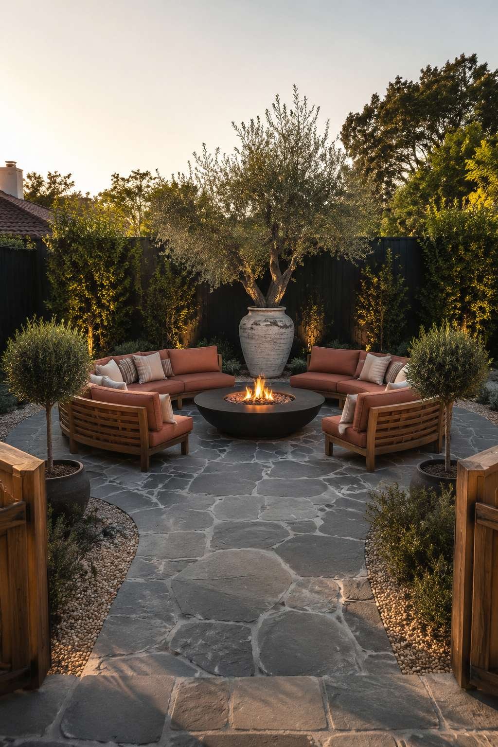 Bluestone Patio with Teak Sectional and Fire Pit Table