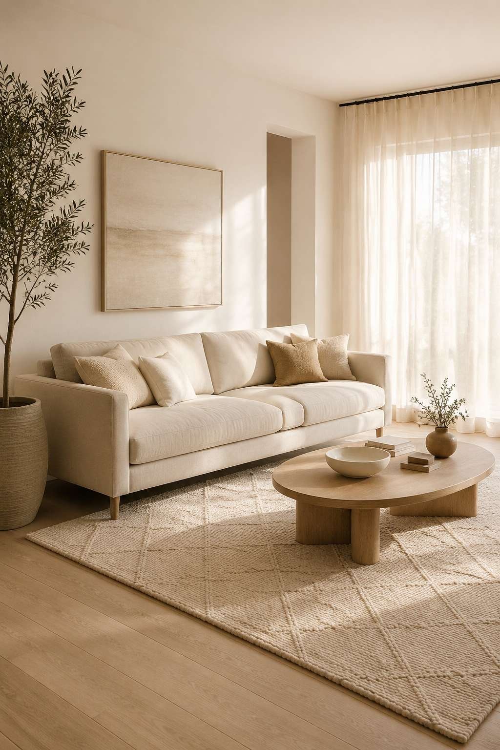 The Layered Neutral Sanctuary: Plush Cream Linen and Bleached Oak