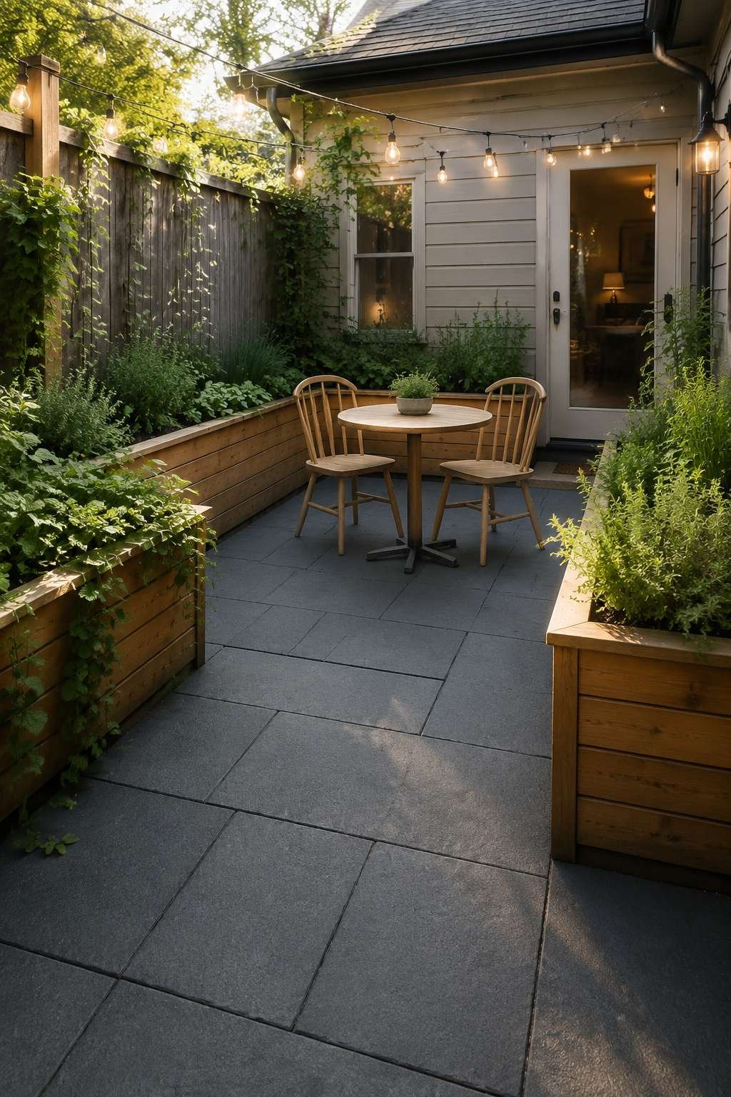 Cozy Bistro Patio with String Lights and Raised Planters
