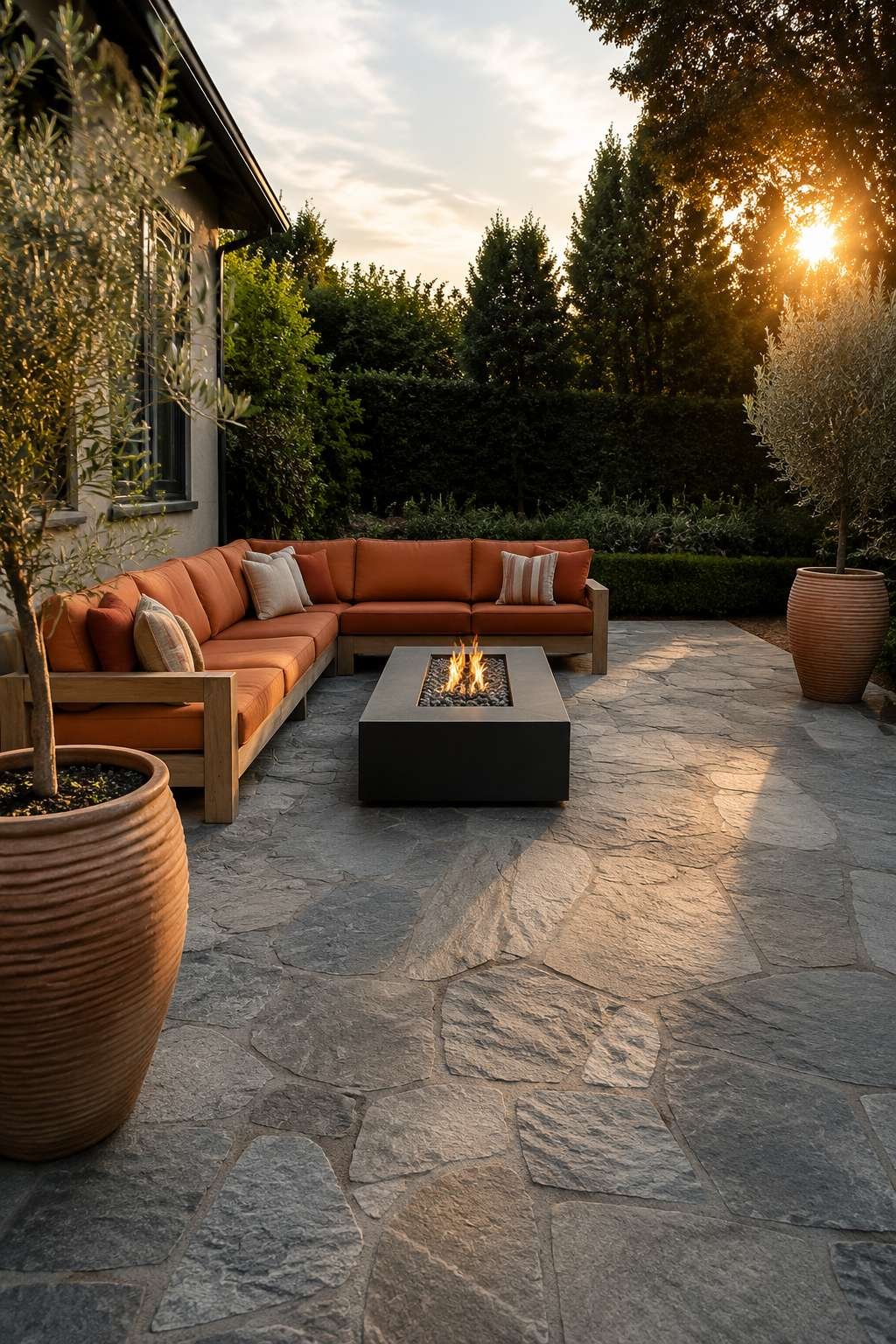 Bluestone Patio with Teak Sectional and Fire Pit Table