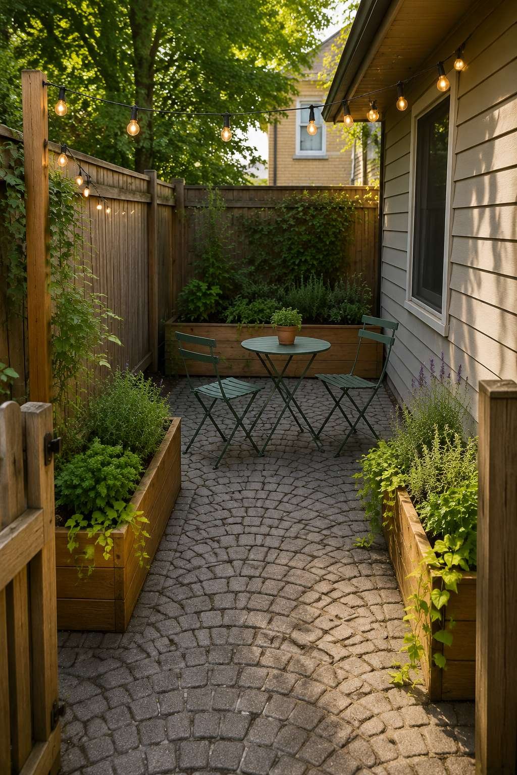 Cozy Bistro Patio with String Lights and Raised Planters