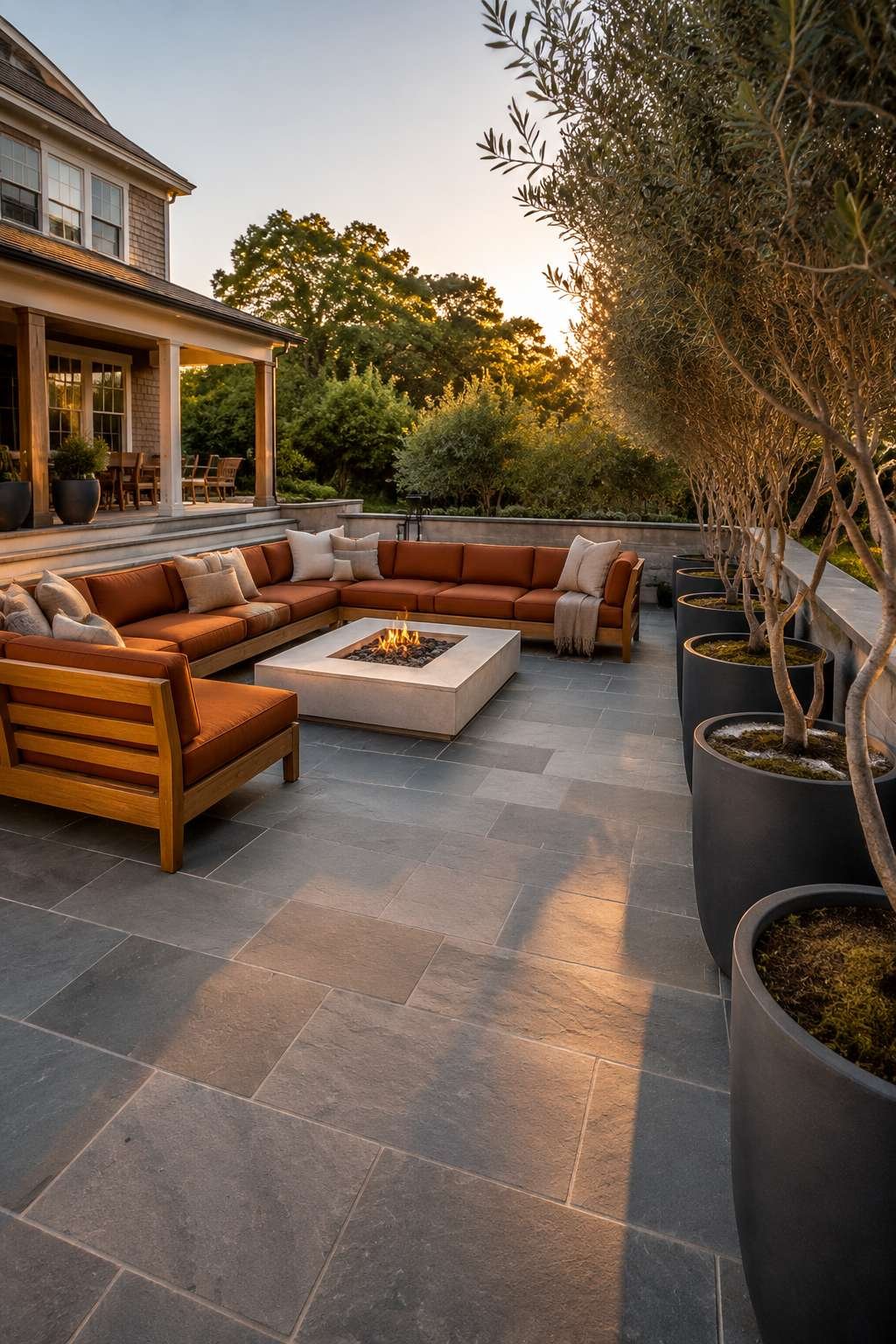 Bluestone Patio with Teak Sectional and Fire Pit Table