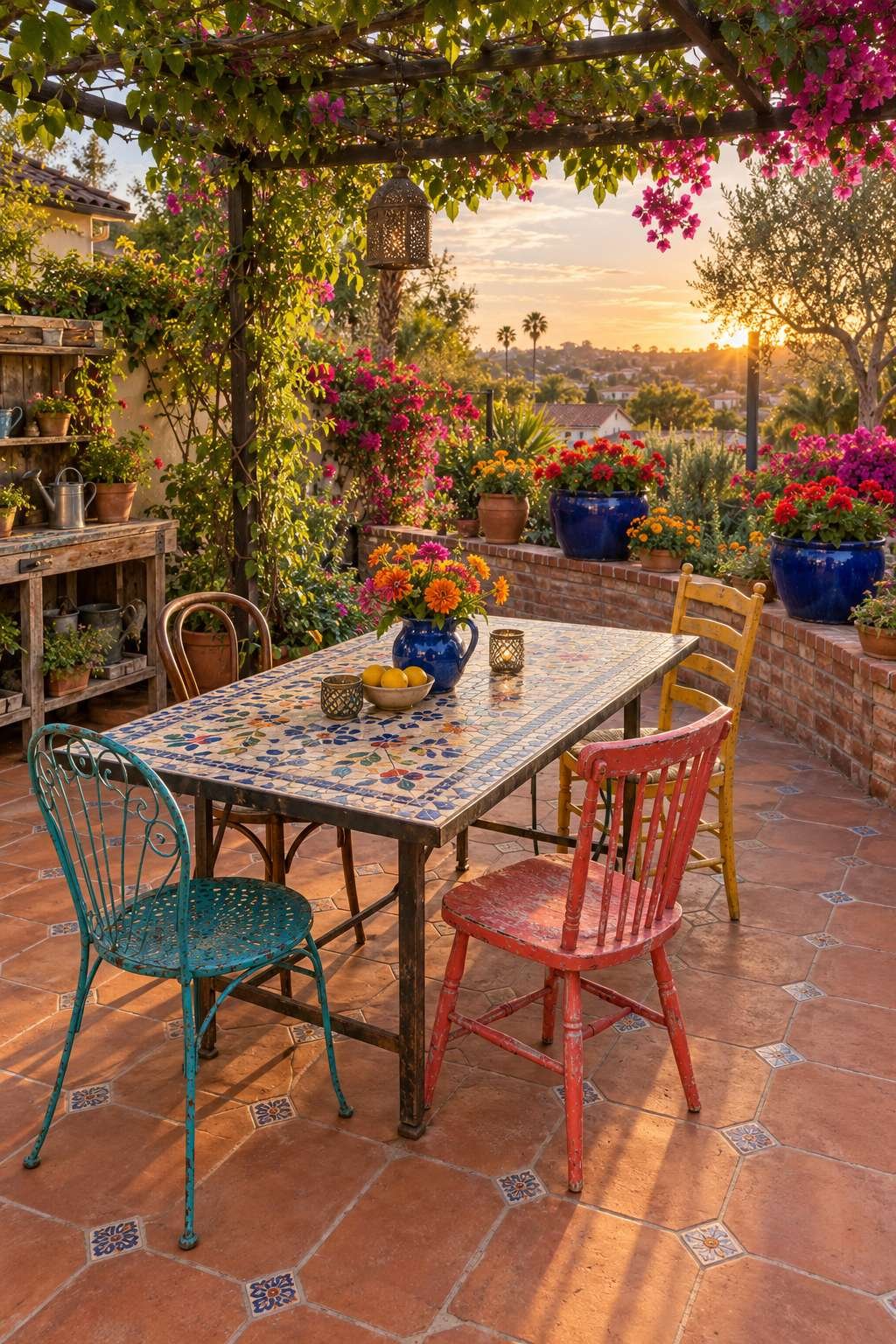 Mosaic Dining Patio with Mismatched Vintage Chairs