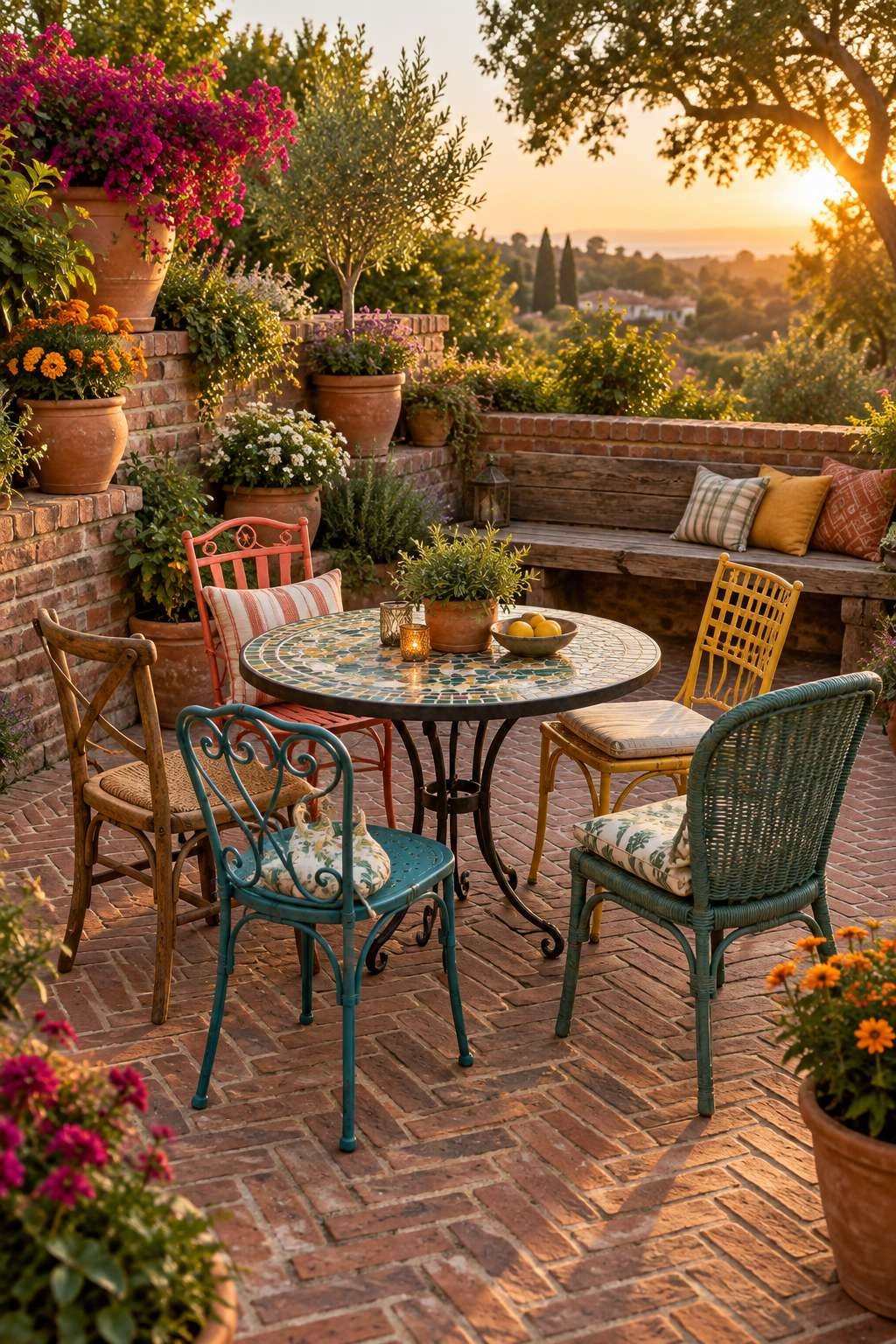 Mosaic Dining Patio with Mismatched Vintage Chairs