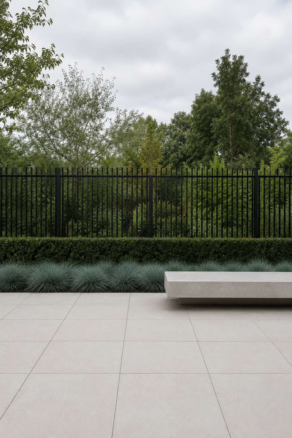 Modern Black Metal Fence with Slim Steel Pickets