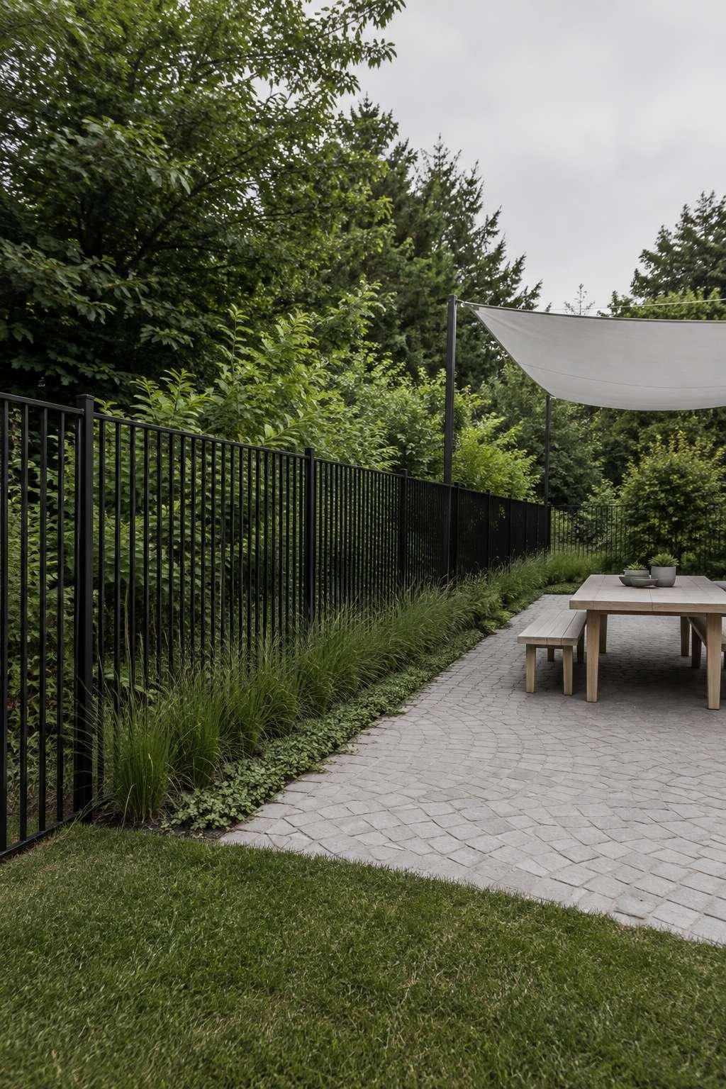 Modern Black Metal Fence with Slim Steel Pickets