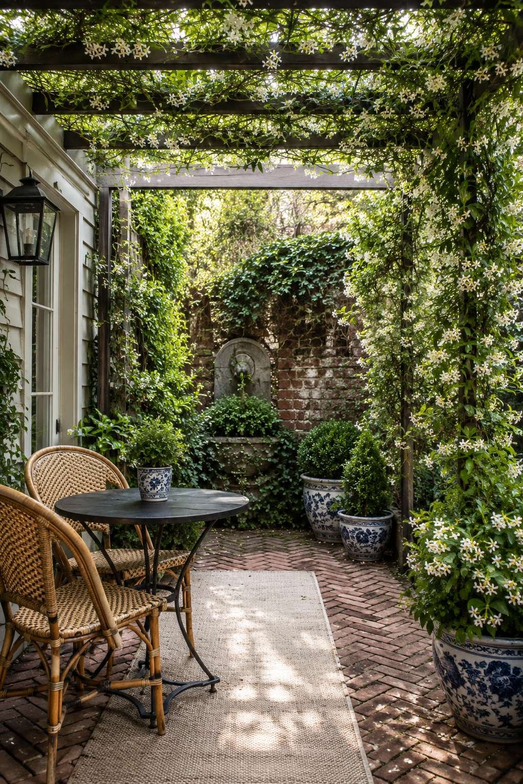 Suburban Pergola Patio with Jasmine and Herringbone Brick