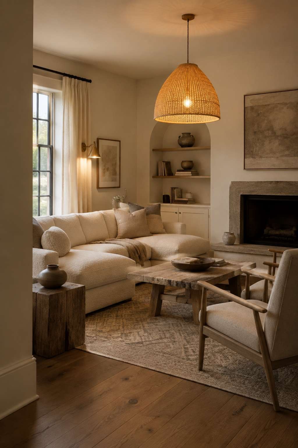 Warm Ambient Glow: Bouclé Sectional and Rattan Pendant Lighting