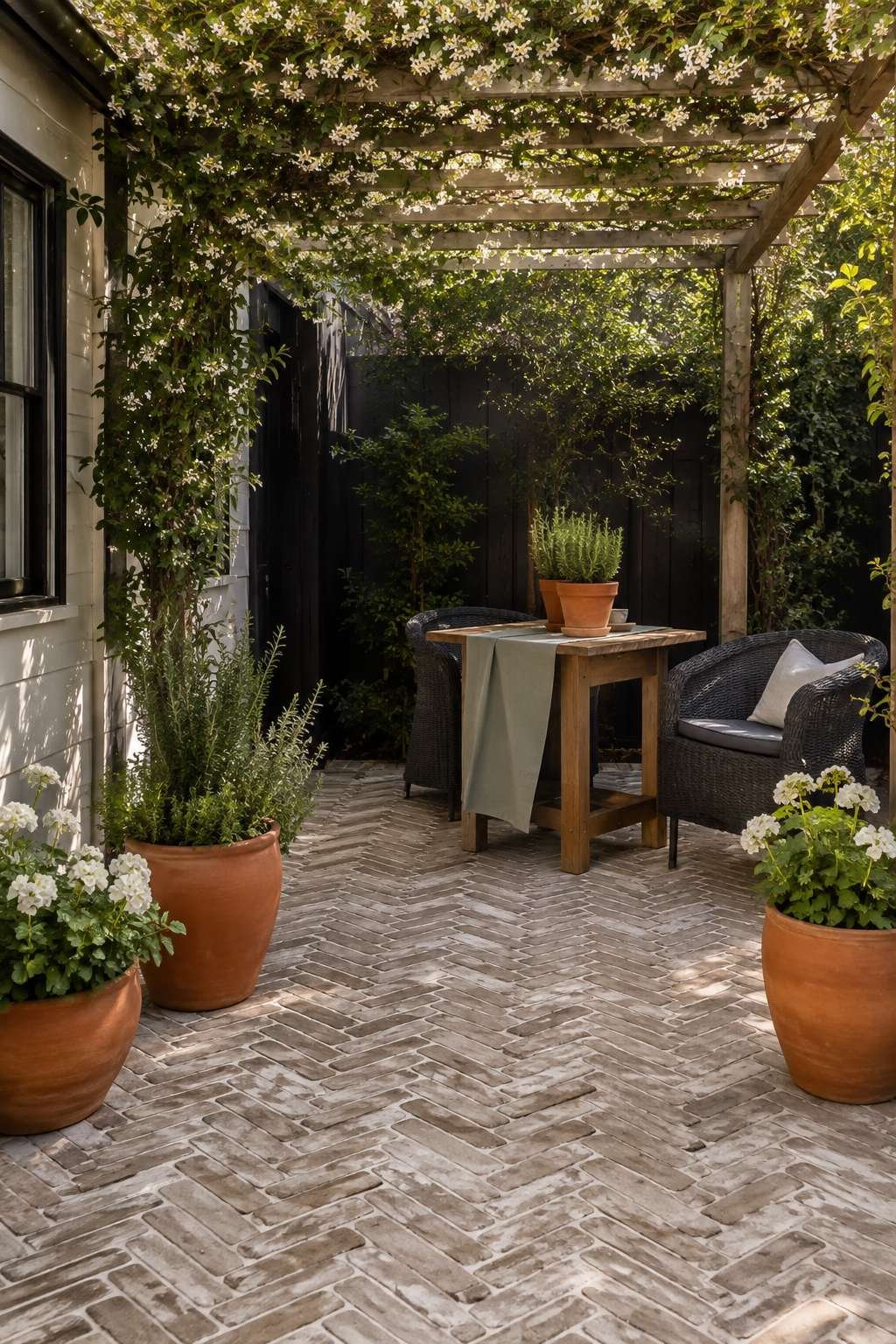 Suburban Pergola Patio with Jasmine and Herringbone Brick