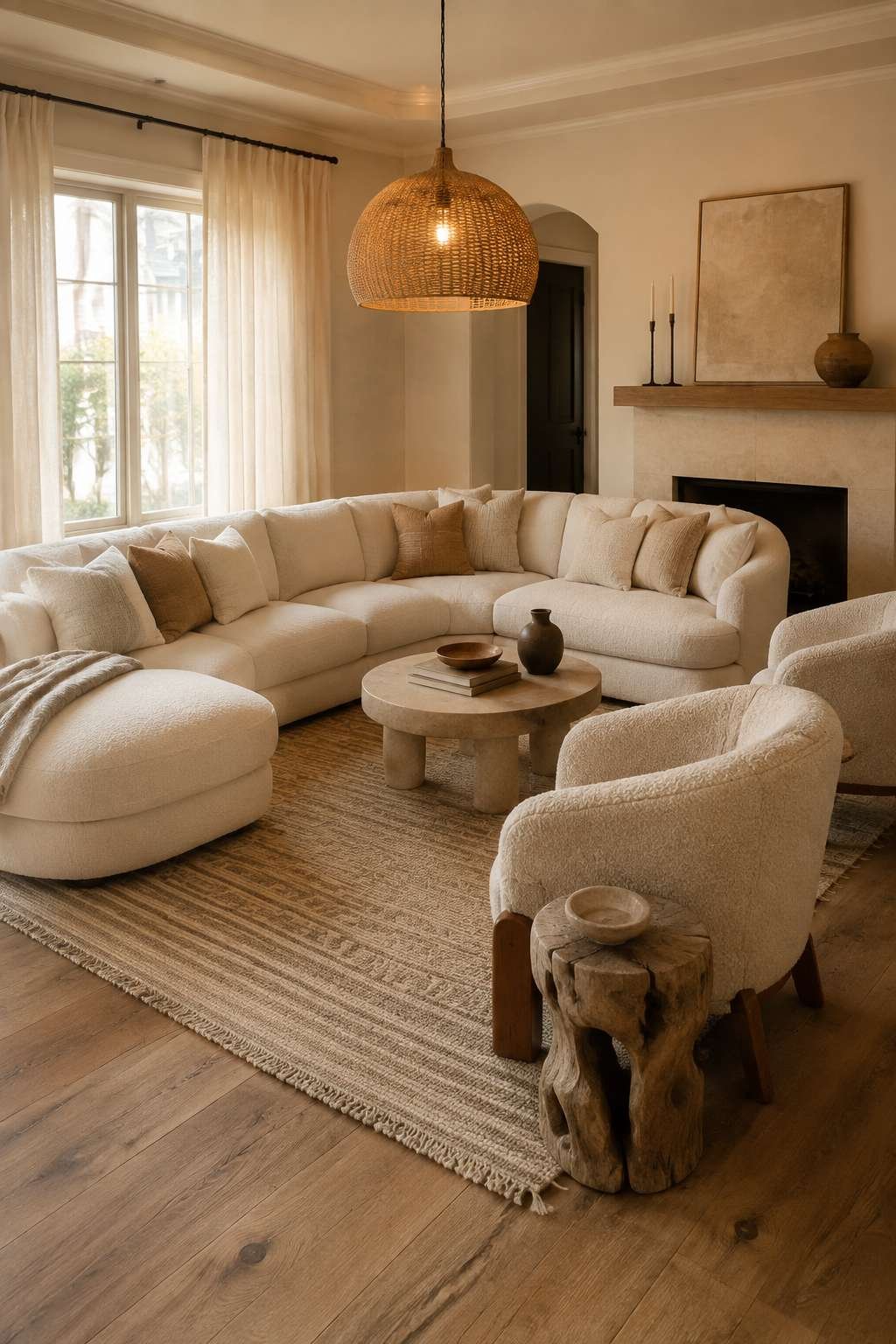 Warm Ambient Glow: Bouclé Sectional and Rattan Pendant Lighting