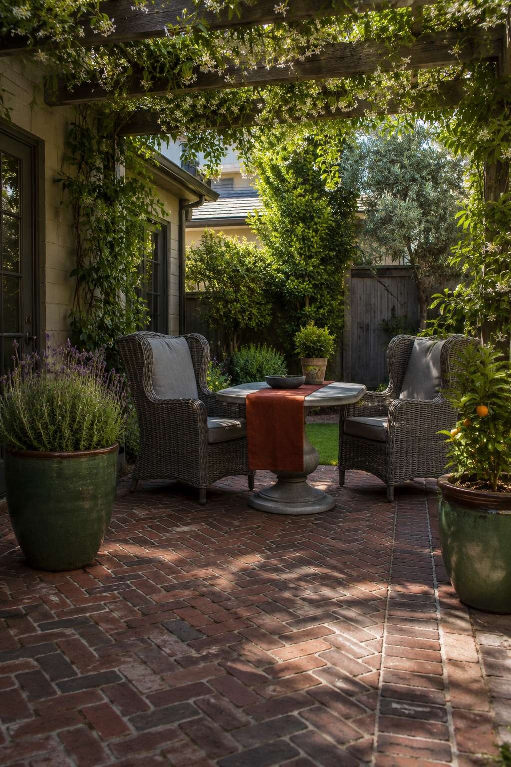 Suburban Pergola Patio with Jasmine and Herringbone Brick