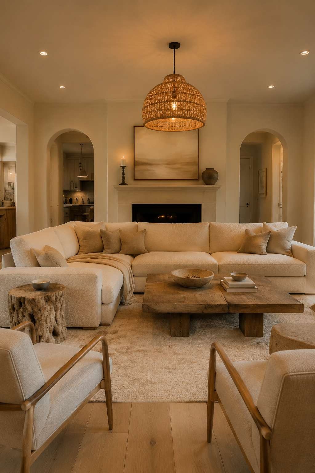 Warm Ambient Glow: Bouclé Sectional and Rattan Pendant Lighting